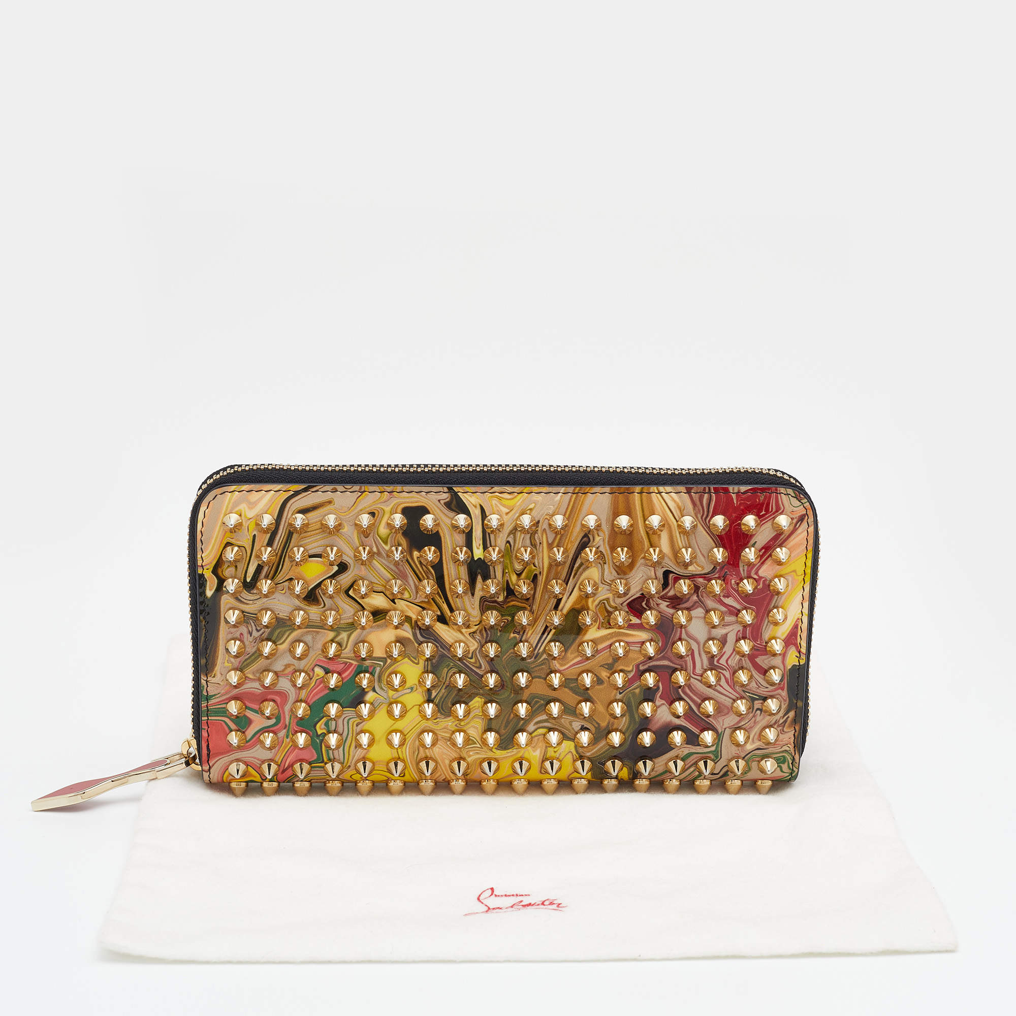 Christian Louboutin, Bags, Christian Louboutin Panettone Pink Leather  Gold Spikes Zip Around Long Wallet