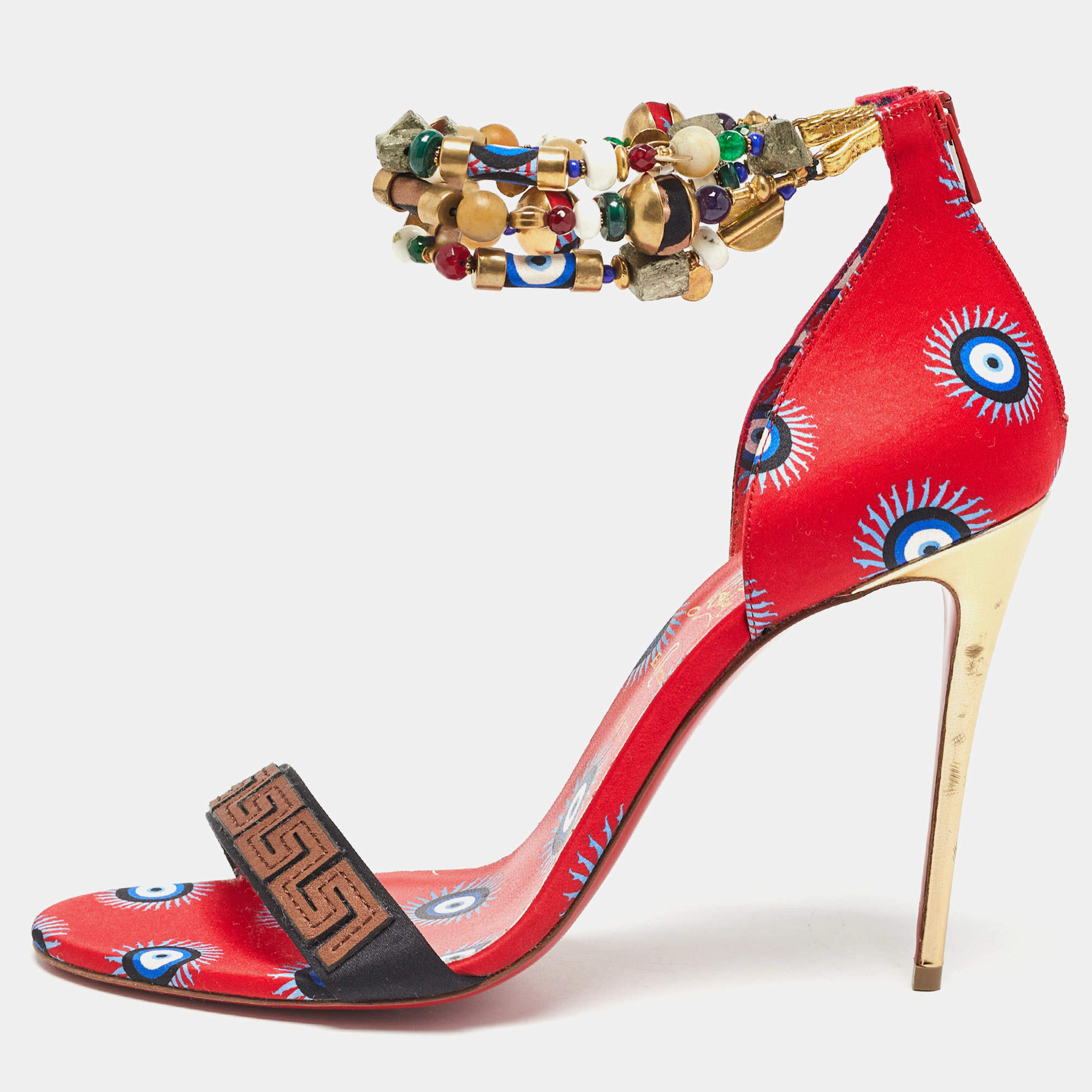 Christian Louboutin Red Printed Satin Konstantinella Sandals Size 40