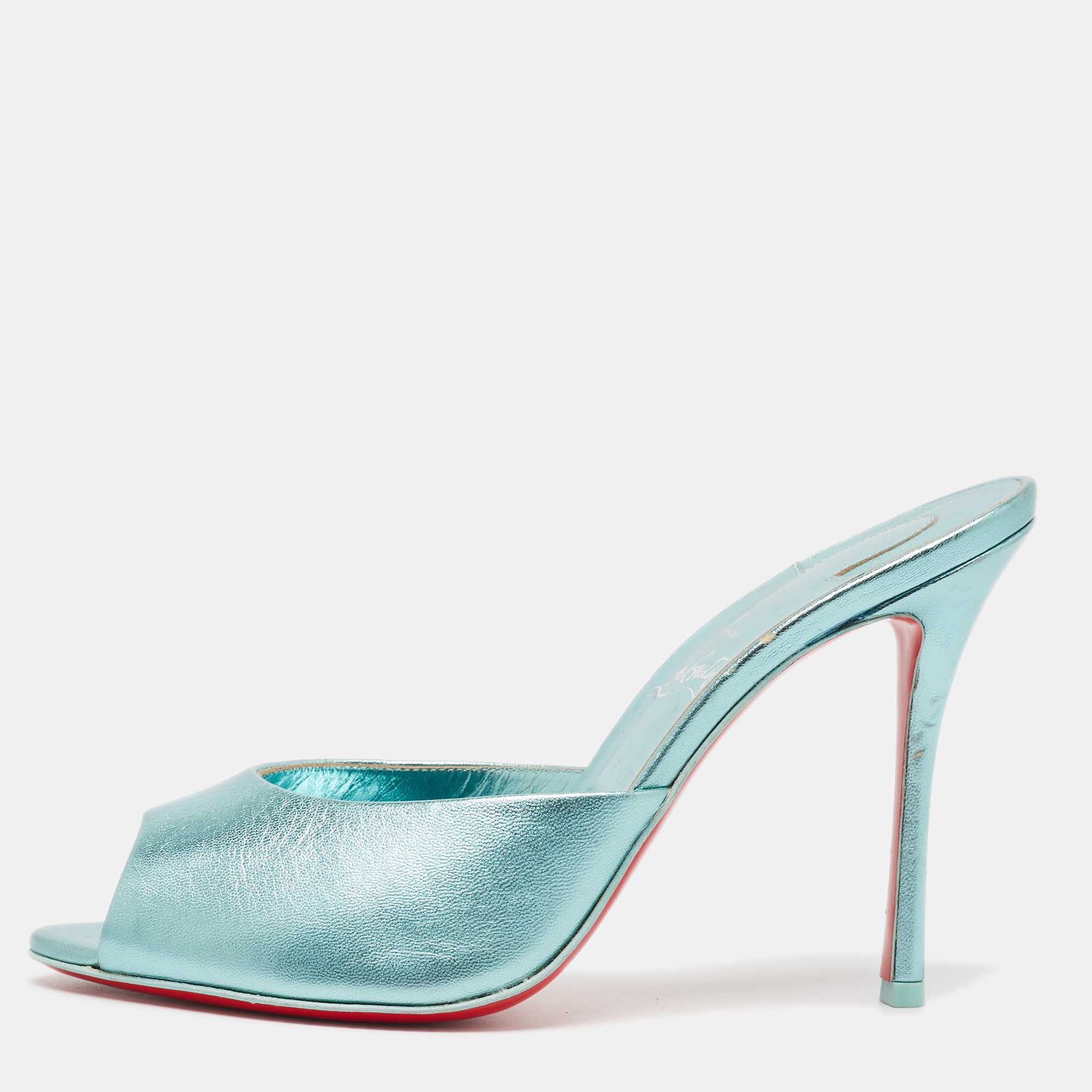 مملوكة مسبقًا Christian Louboutin Metallic Blue Leather Me Dolly Sandals Size 38.5