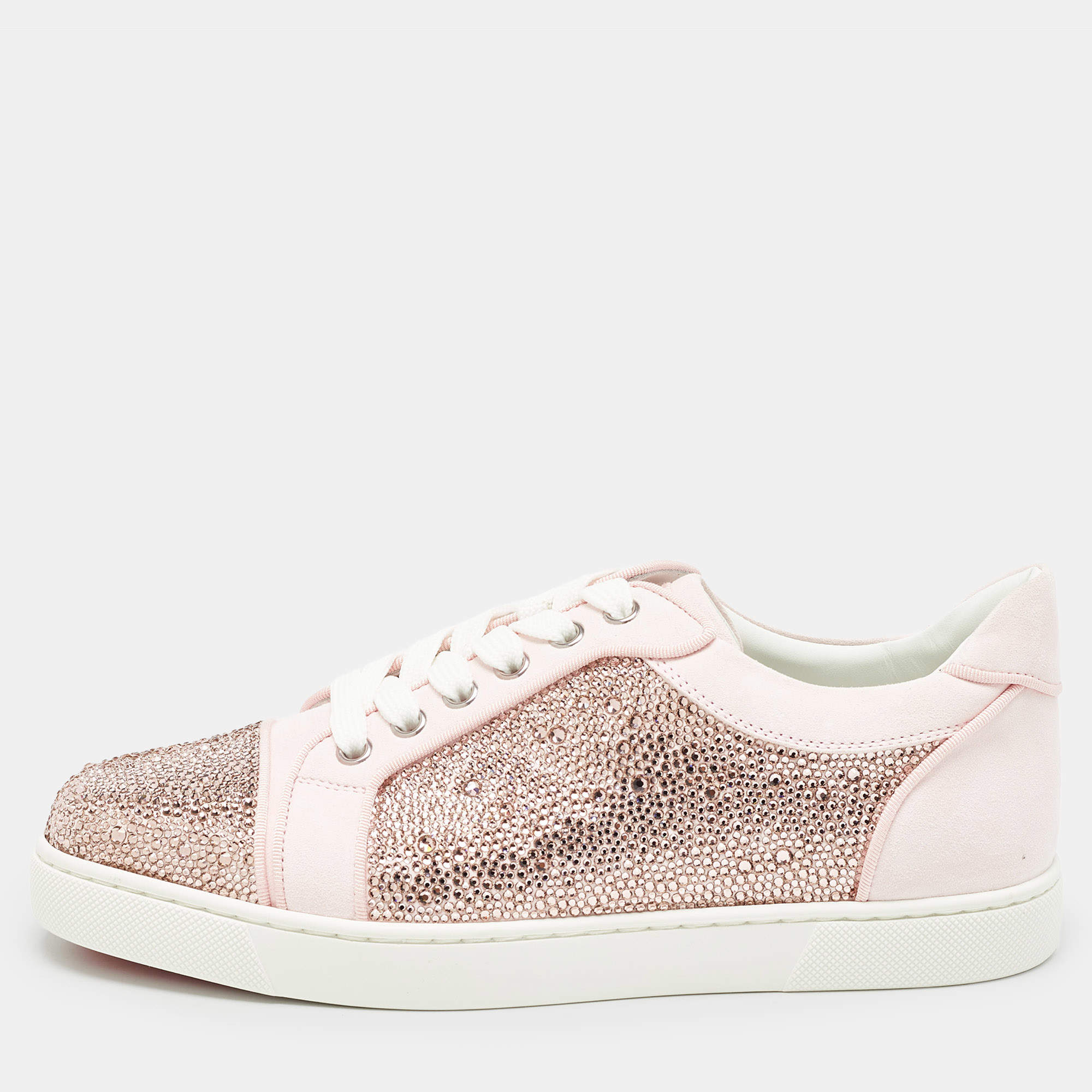 Pre Owned Christian Louboutin Pink Suede Vieira Strass Sneakers Size 38