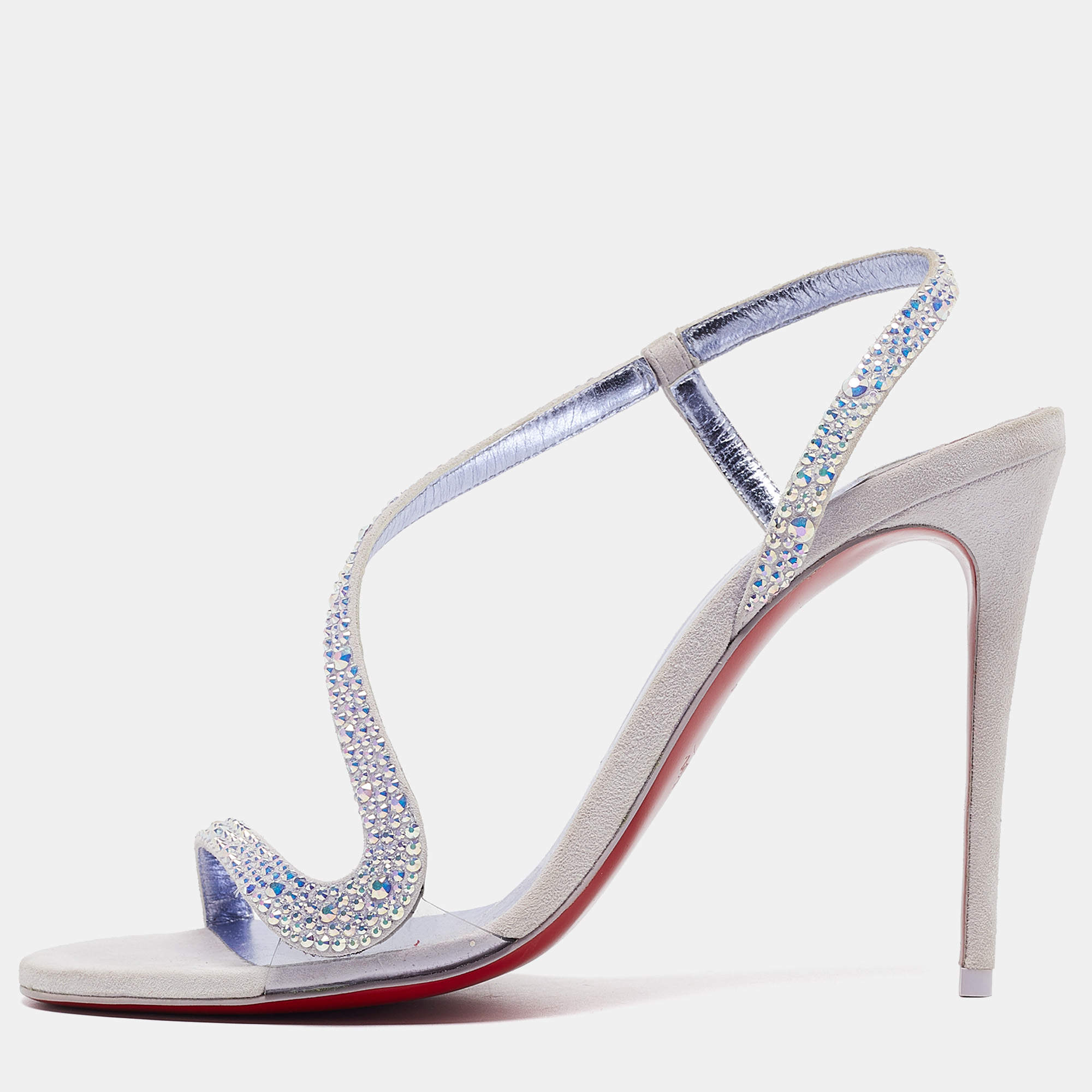 Pre Owned Christian Louboutin Grey Suede Rosalie Ankle Strap Sandals Size 37.5