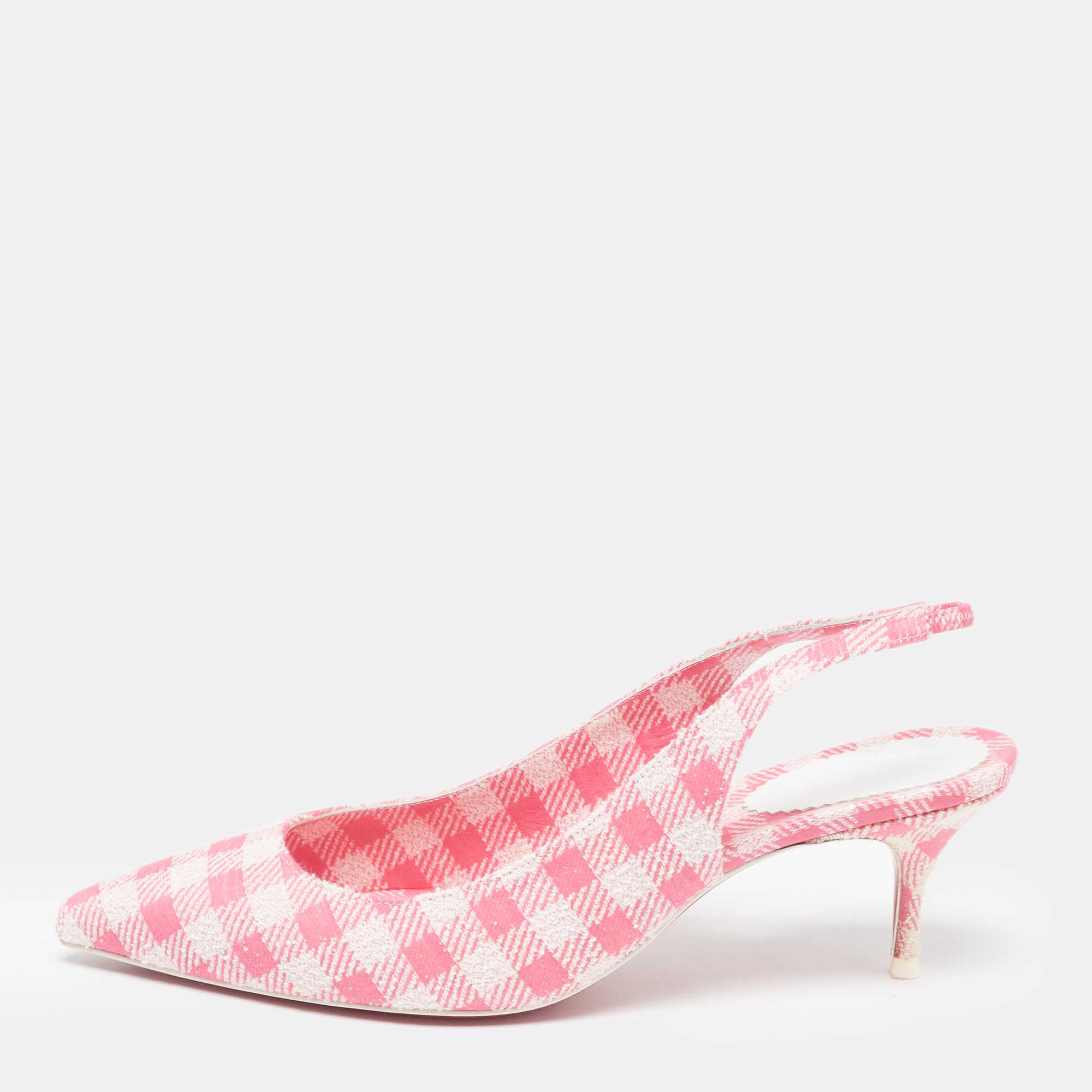 Christian Louboutin Pink/White Gingham Fabric Kate Slingback Pumps Size 38