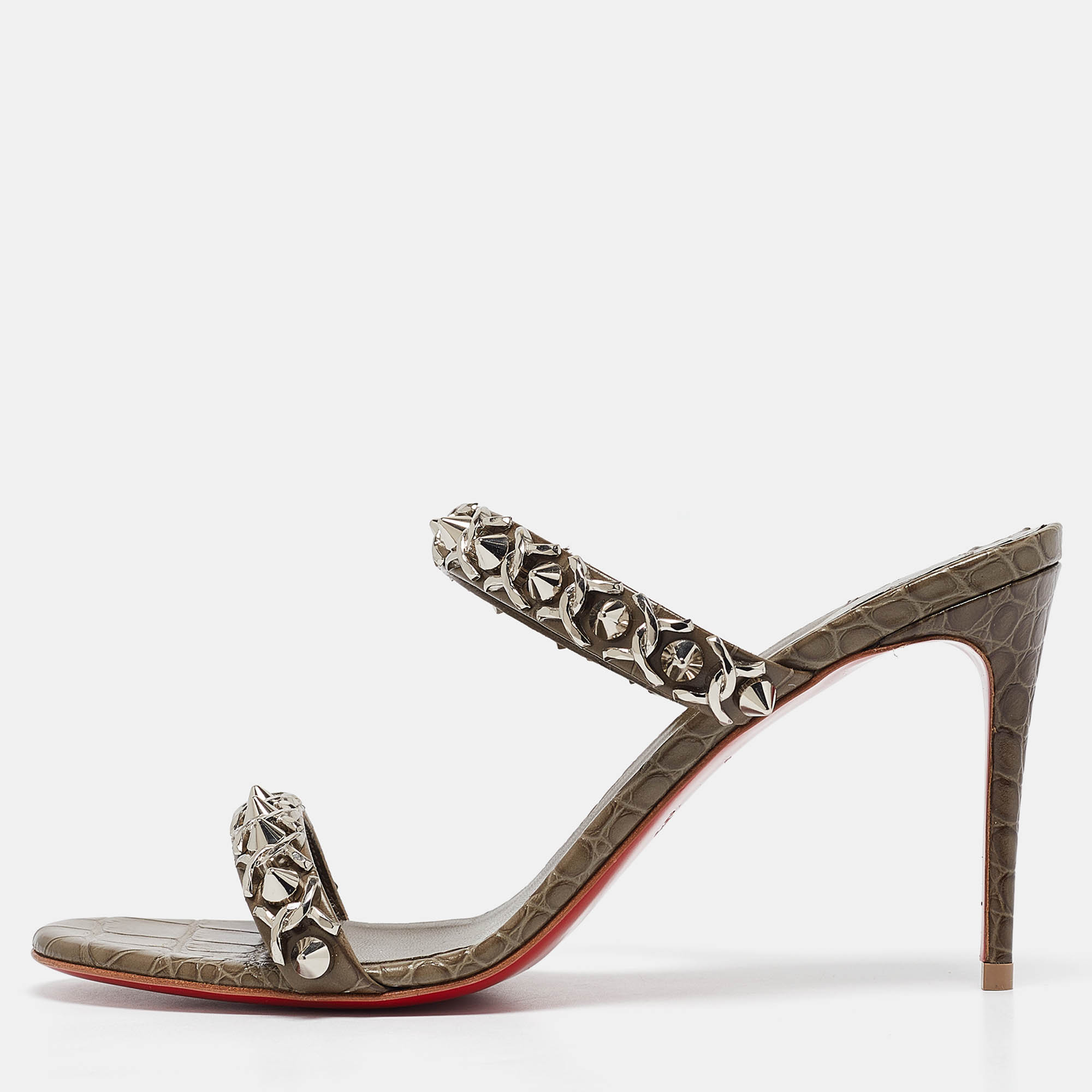 Christian Louboutin Olive Green Embossed Croc Just Chain Slide Sandals Size 39