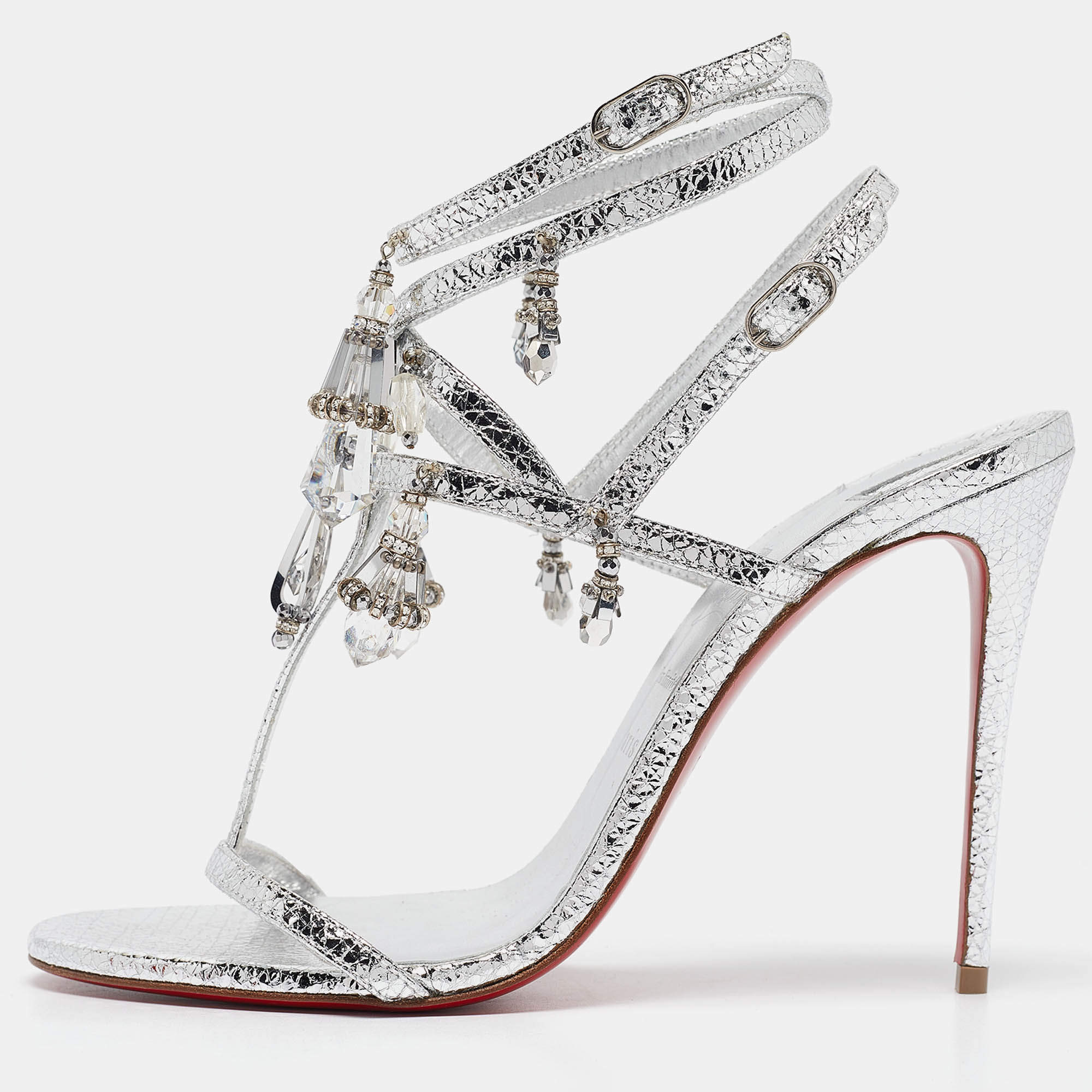 Christian Louboutin Silver Leather Bombina Pampila Ankle Strap Sandals Size 39