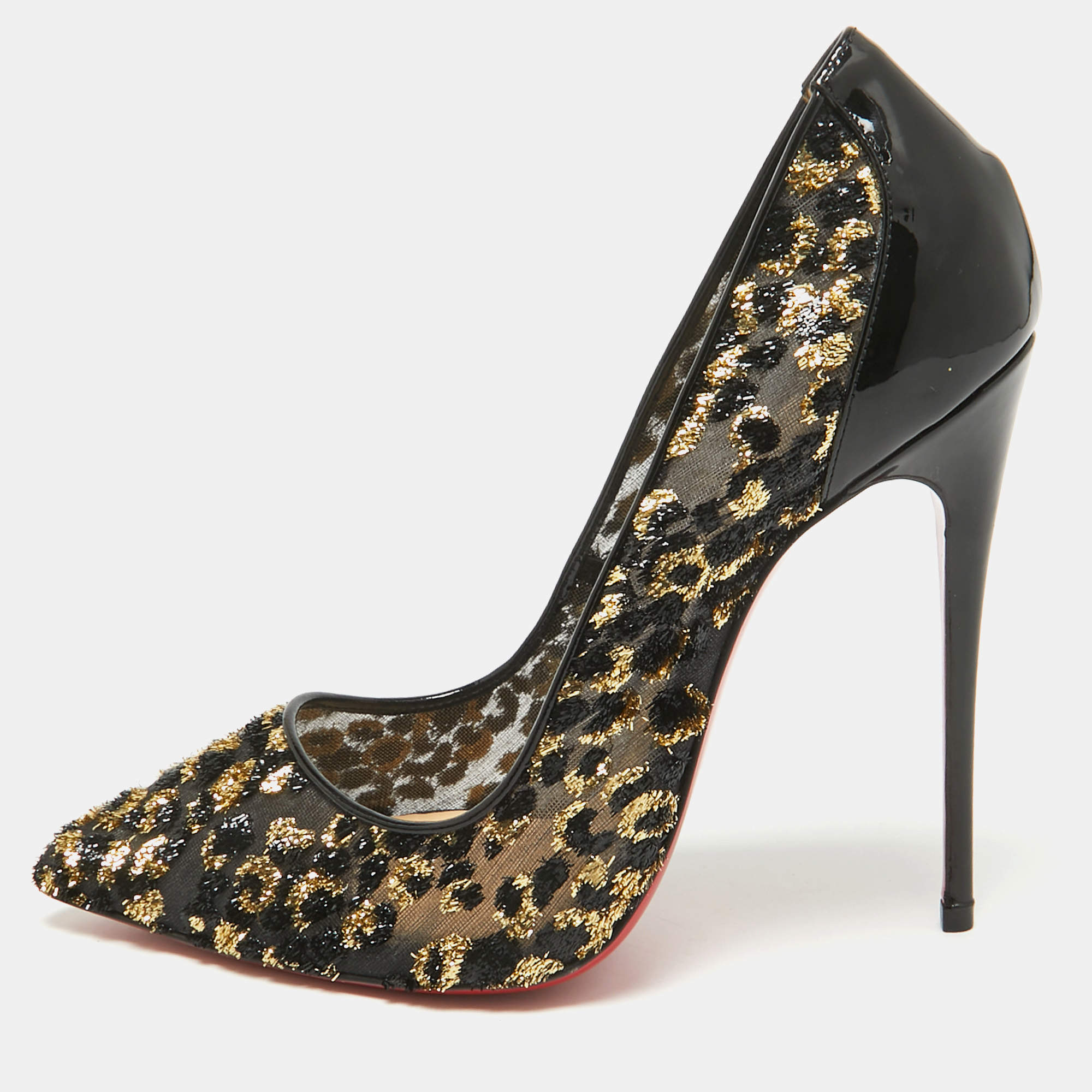 Pre Owned حذاء كعب عالي كريستيان لوبوتان فوليه جلد لامع وشبك قماش لوركس بشراشيب طباعة فهد أسود/ذهبي مقاس 37