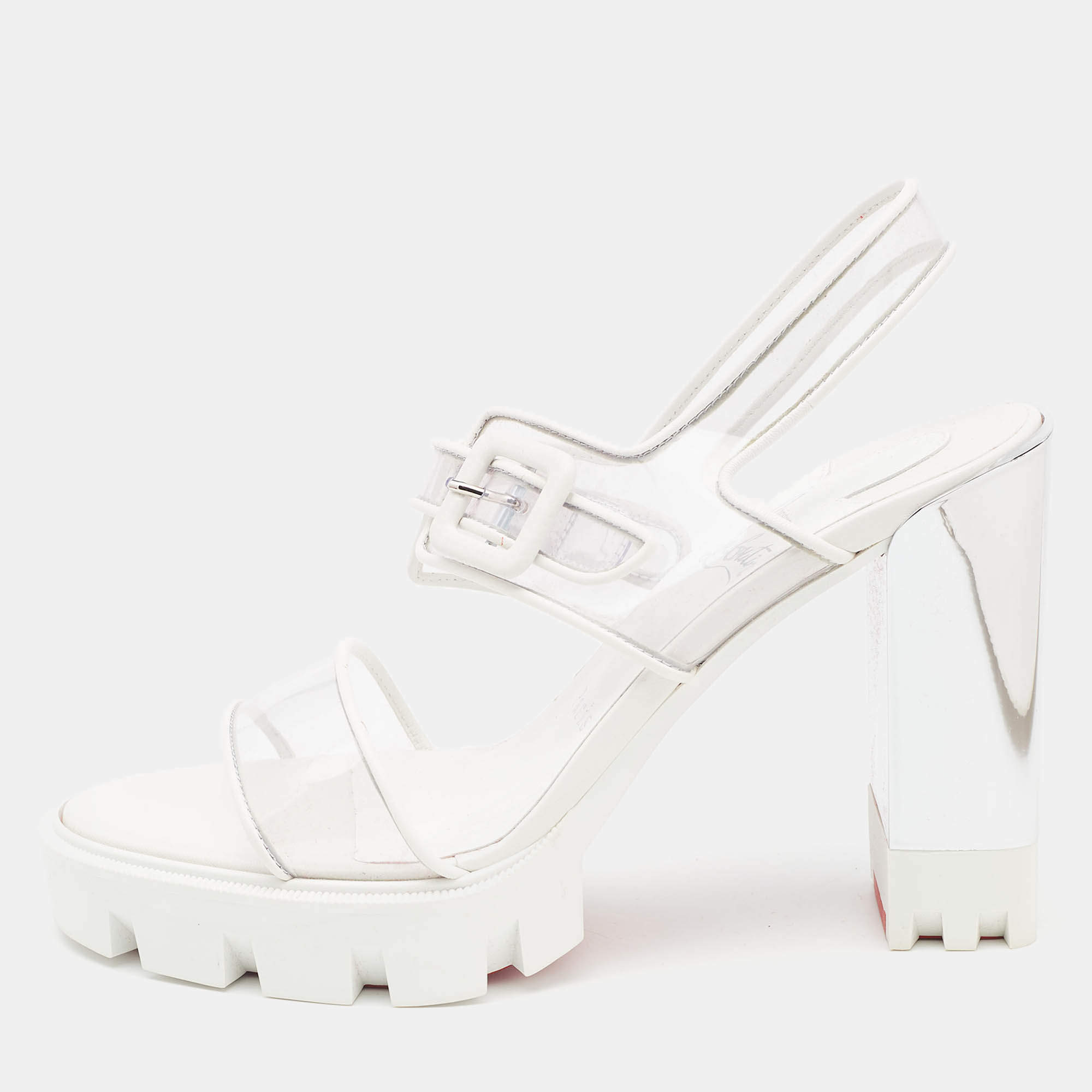 Pre Owned Christian Louboutin White PVC and Leather Duniss Ankle Strap Sandals Size 36.5