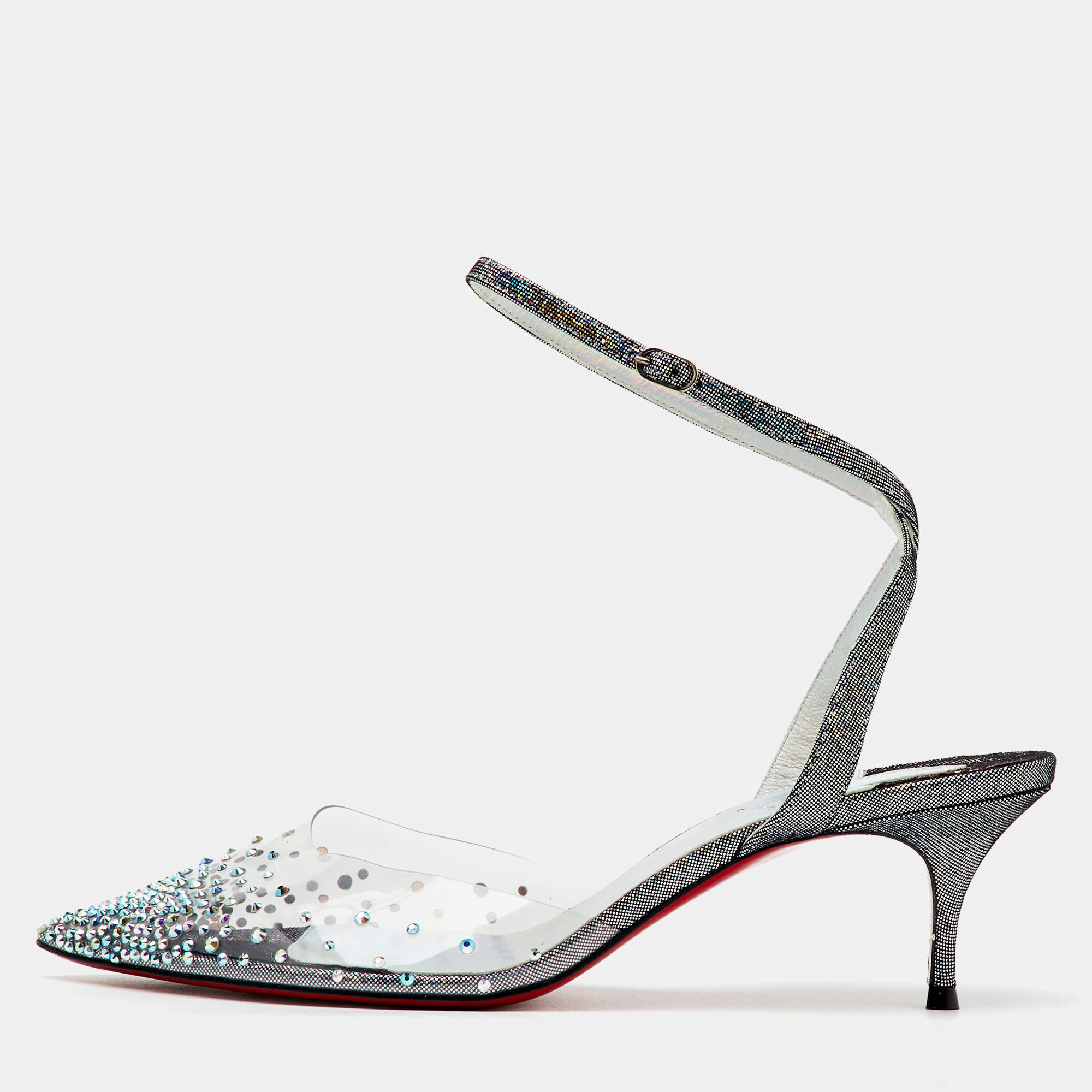 Pre Owned Christian Louboutin Transparent PVC Crystal Embellished Spikaqueen Ankle Strap Sandals Size 38.5