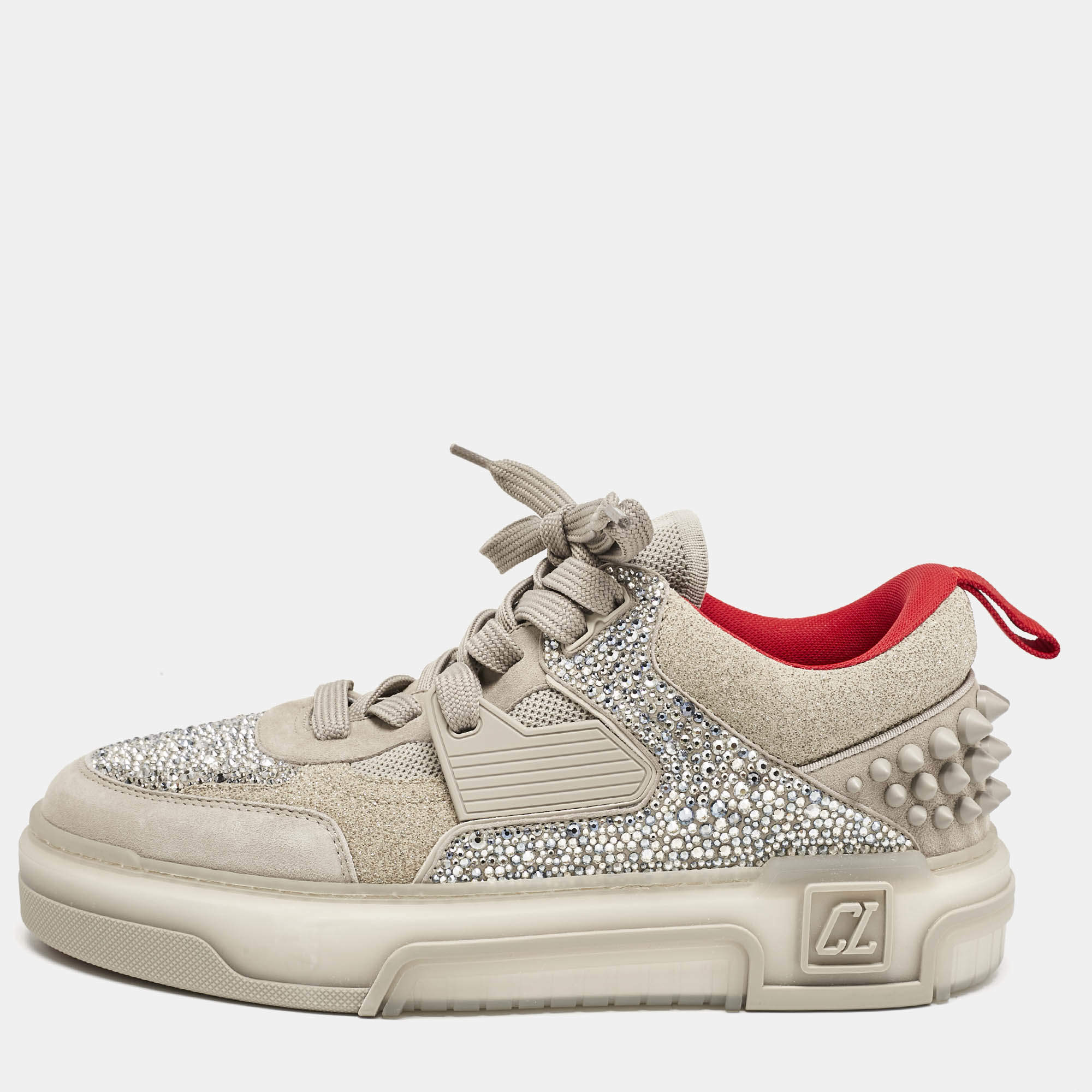 Christian Louboutin Grey Suede Astroloubi Strass Low Top Sneakers Size 41.5
