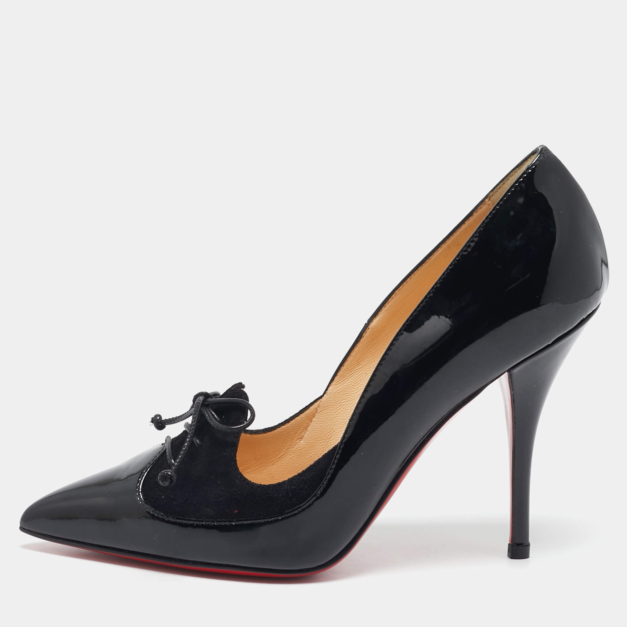 Christian Louboutin Black Patent Leather and Suede Queue Di Pie Pumps Size 36