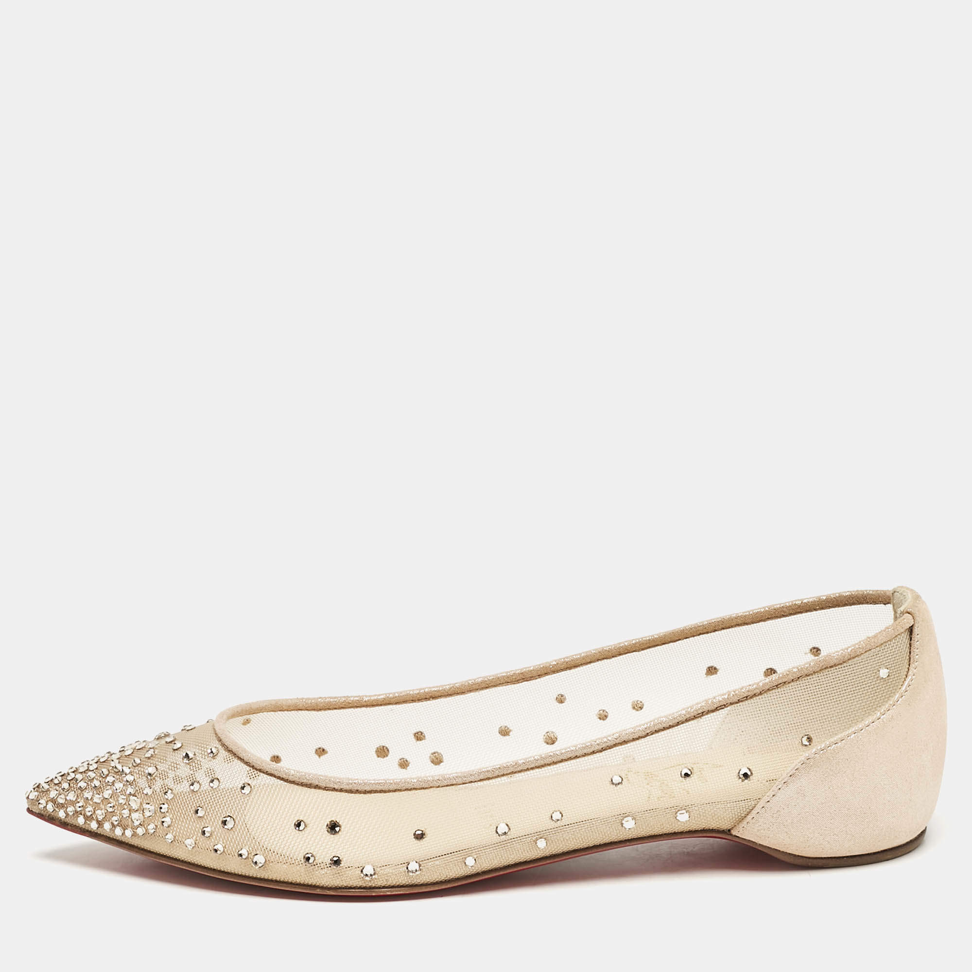 Christian Louboutin Beige Embellished Mesh Follies Strass Pointed Toe Ballet Flats Size 34.5