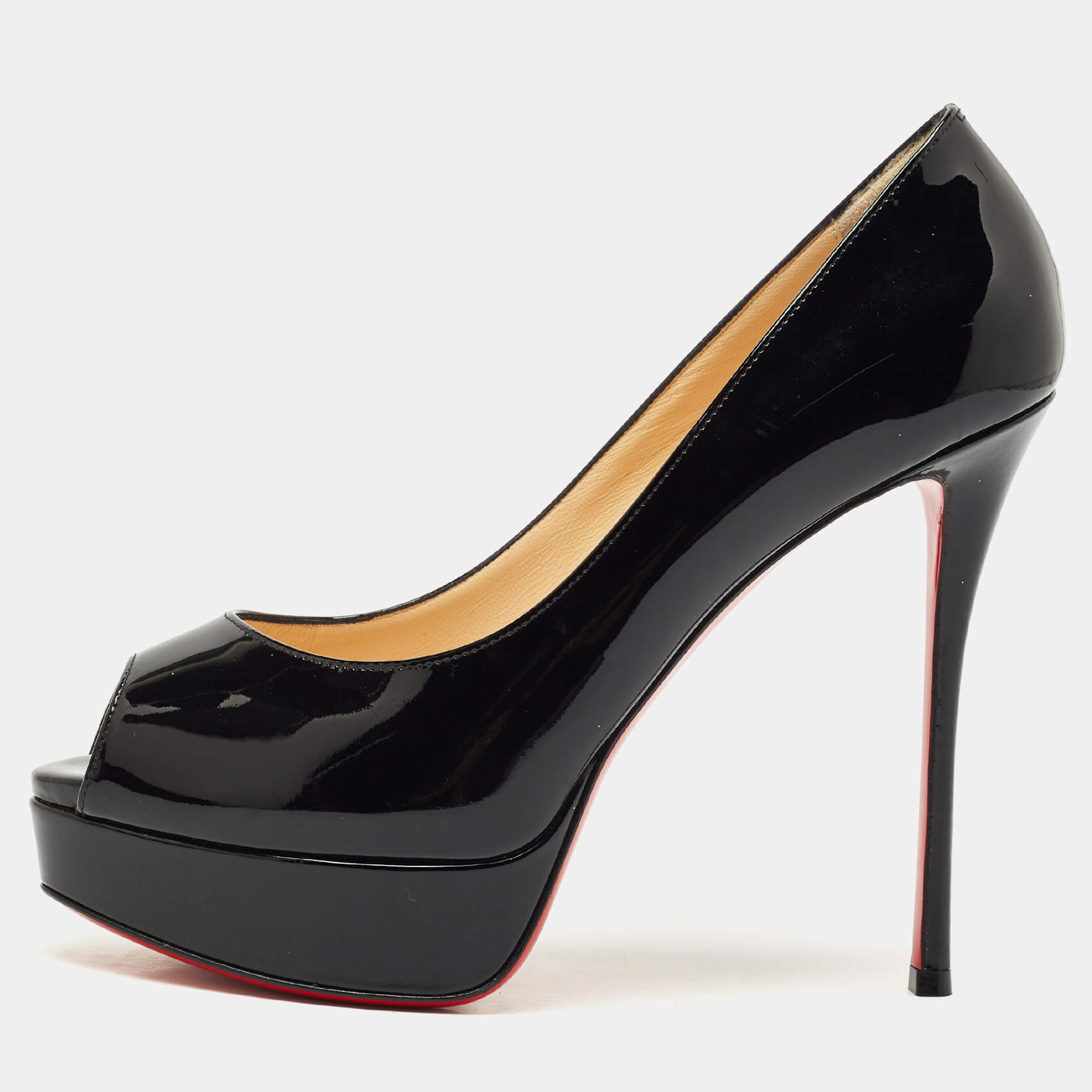 Christian Louboutin Black Patent Leather Lady Peep Pumps Size 38.5