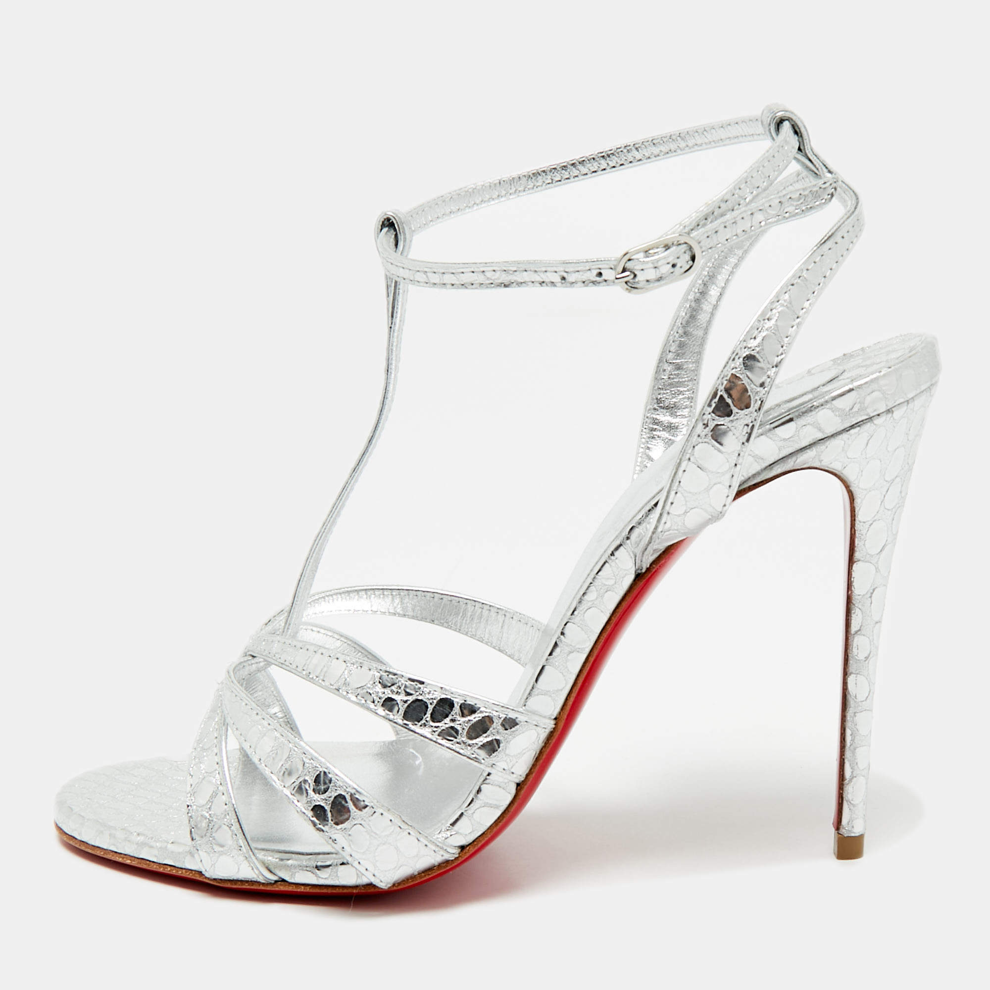 مملوكة مسبقًا صندل كريستيان لوبوتان تانغيفا جلد فضي منقوش مقاس 39