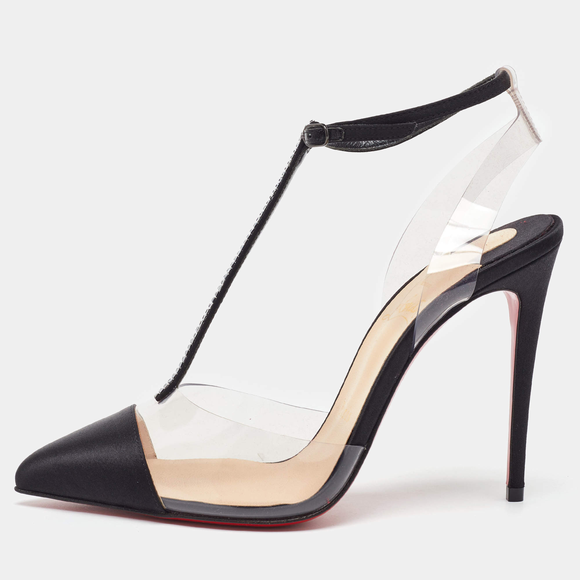 Pre Owned Christian Louboutin Black/Transparent Satin and PVC Nosy T-Strap Sandals Size 36