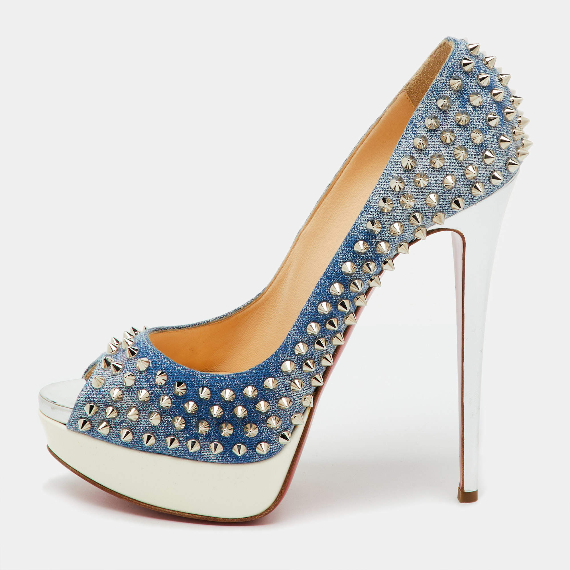 Pre Owned Christian Louboutin Blue/White Denim Spikes Lady Peep Platform Pumps Size 41