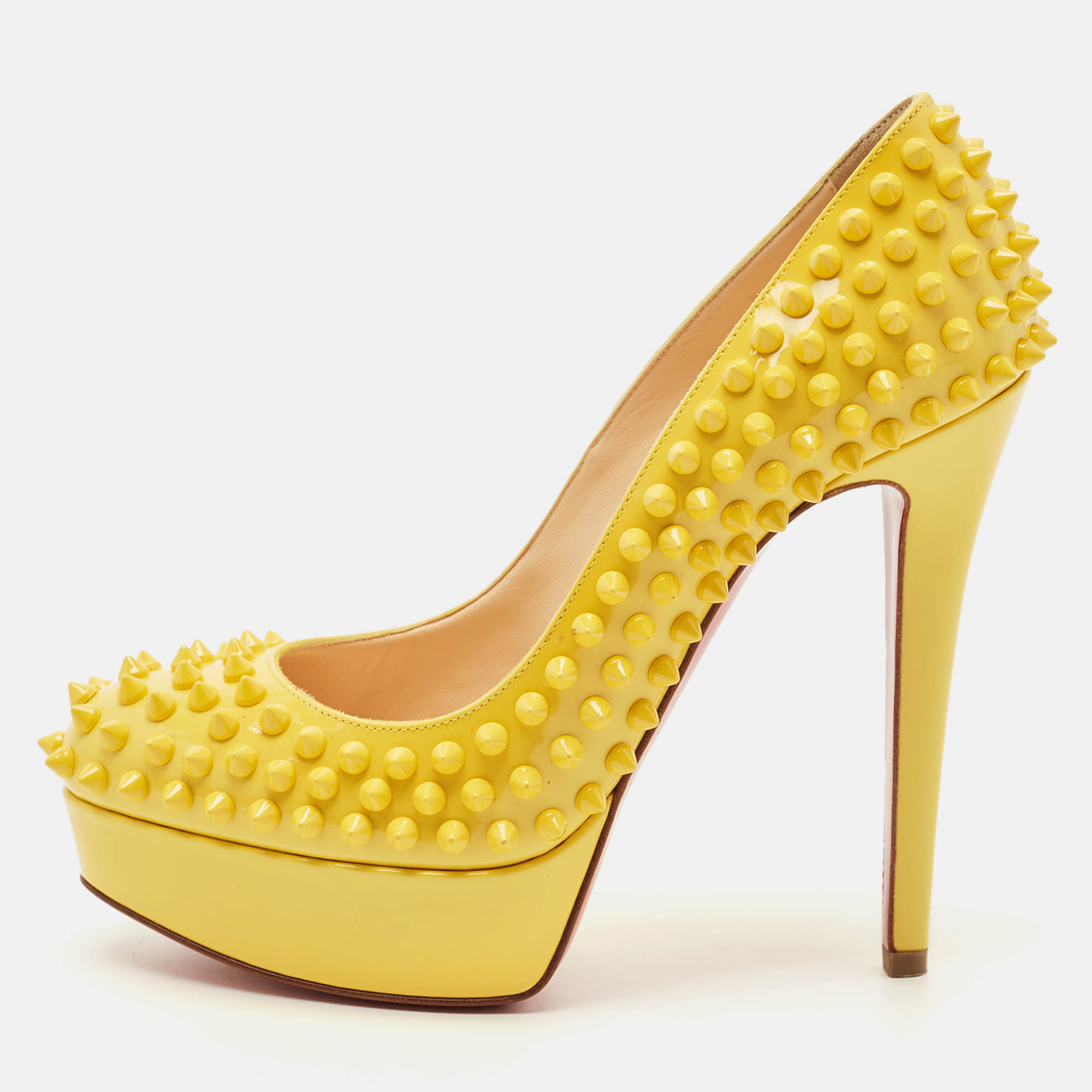 Pre Owned Christian Louboutin Yellow Patent Leather Bianca Spikes Pumps Size 36