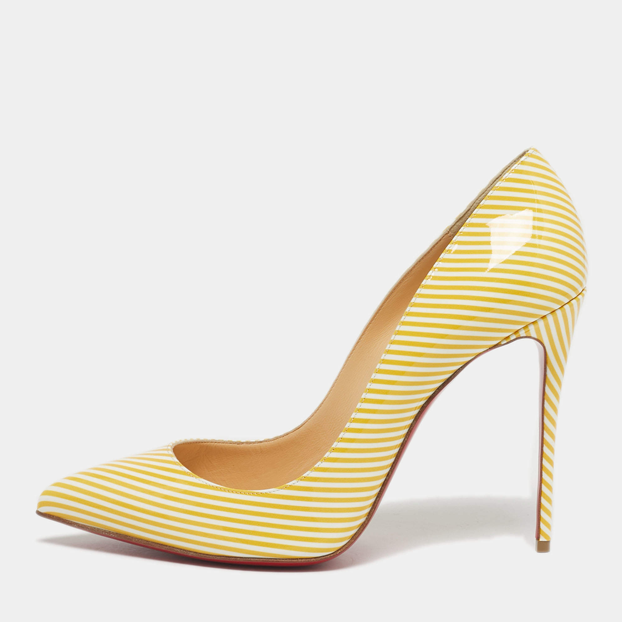 Pre Owned Christian Louboutin Yellow/White Stripes Patent Leather Pigalle Follies Pumps Size 40.5