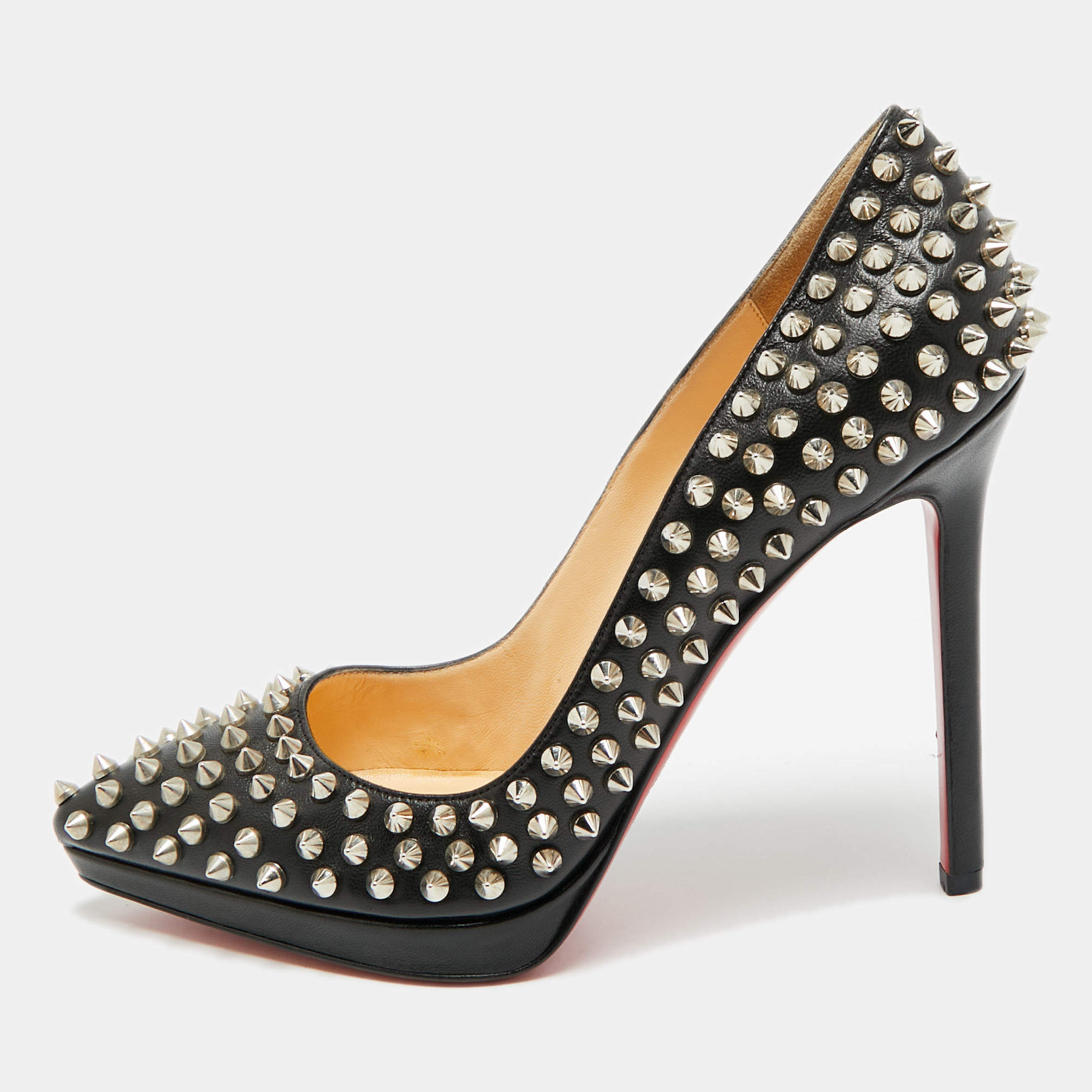 Pre Owned Christian Louboutin Pigalle Plato Spike Size 39 Black Leather Platform Pumps