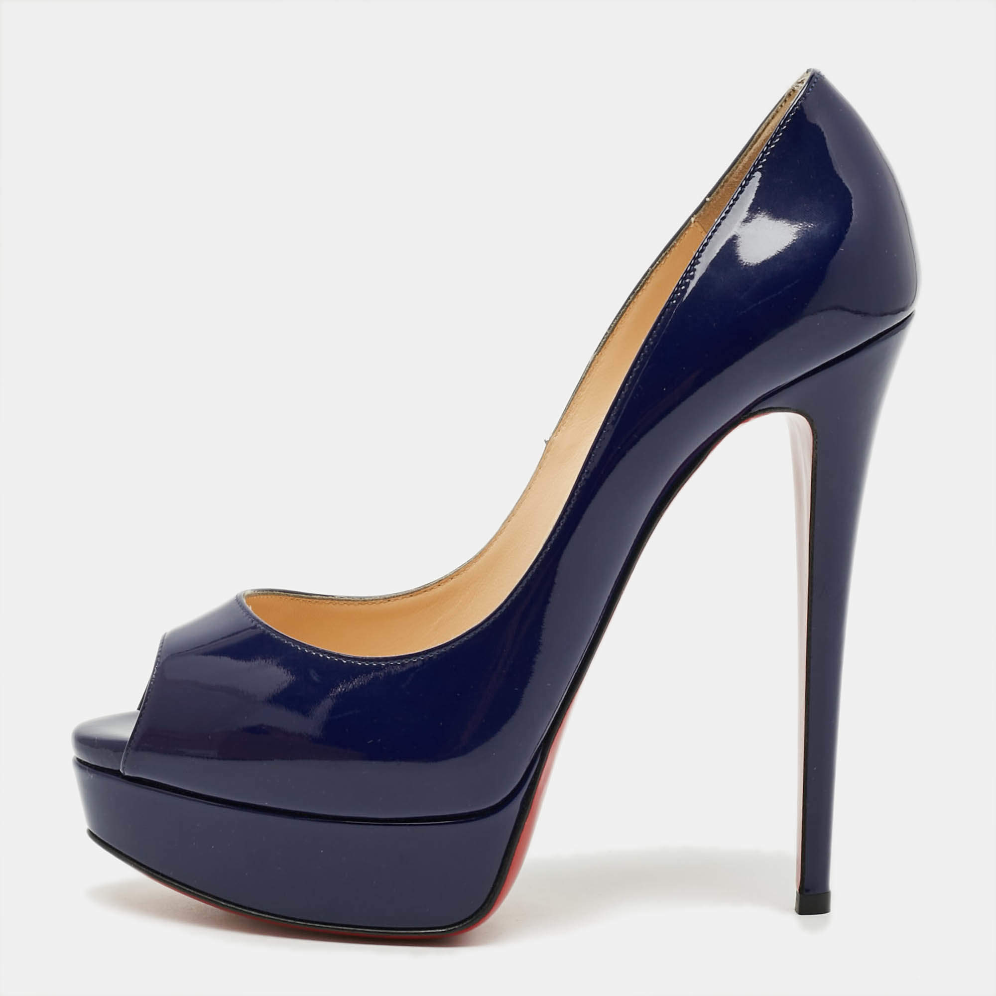 Pre Owned Christian Louboutin Lady Peep Size 39 Navy Blue Patent Leather Platform Pumps