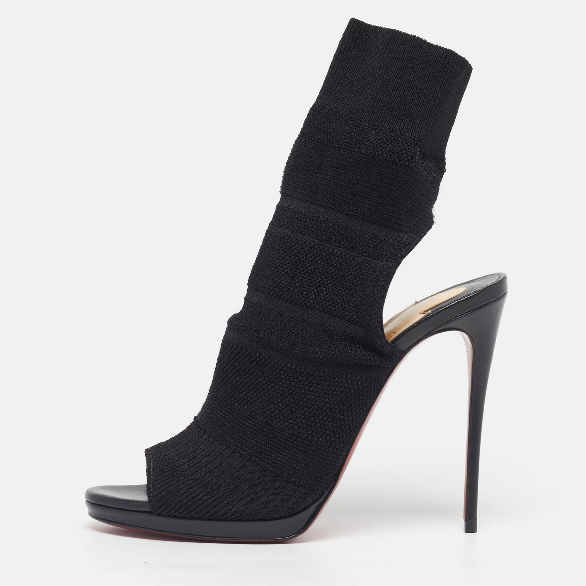 Pre Owned Christian Louboutin Size 39 Black Knit Fabric Open Toe Cut Out Socks Ankle Length Boots