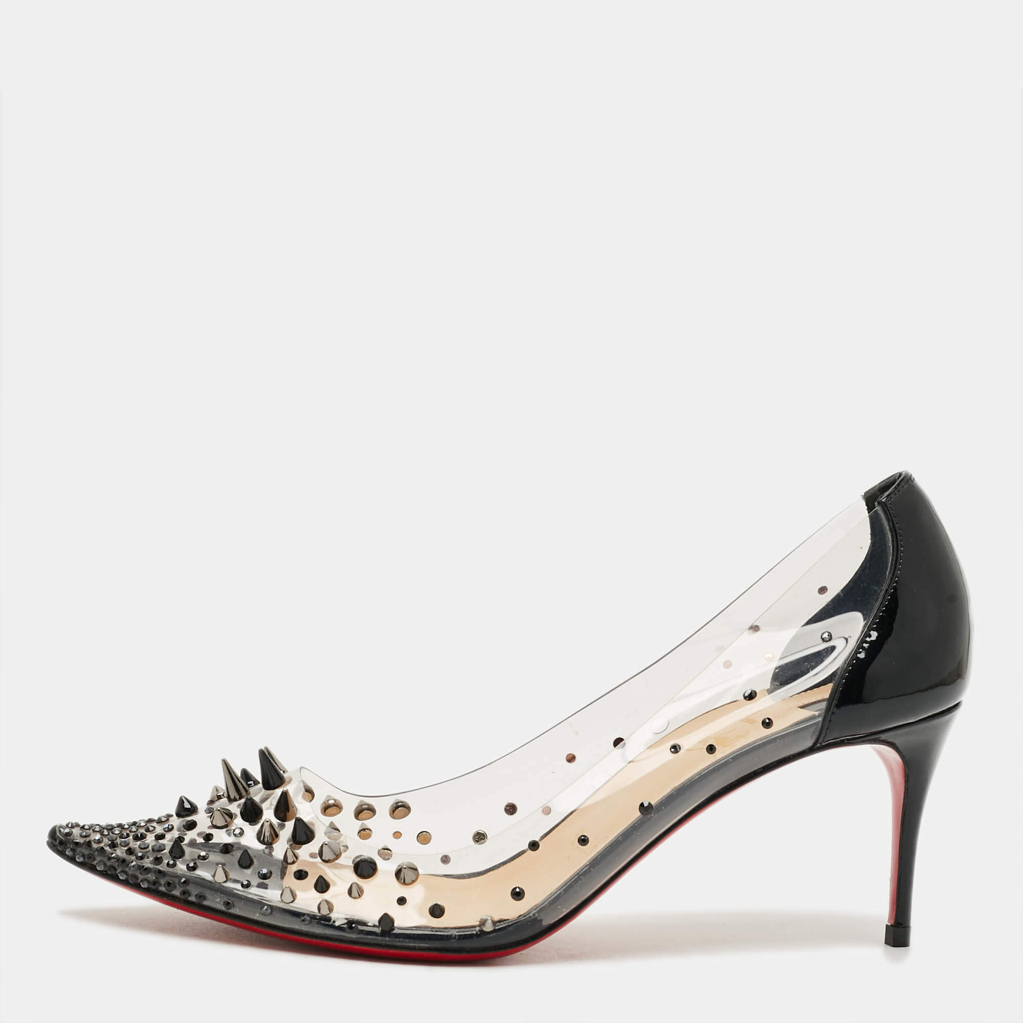 Pre Owned Christian Louboutin Grotika Size 38 Black/Transparent Patent Leather And PVC Pumps