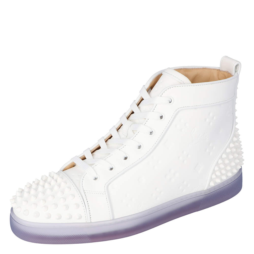 حذاء رياضي كريستيان لوبوتان مرتفع من أعلى 2 سبايكز لو جلد "لوبينذاسكاي" منقوش أبيض مقاس 41.5