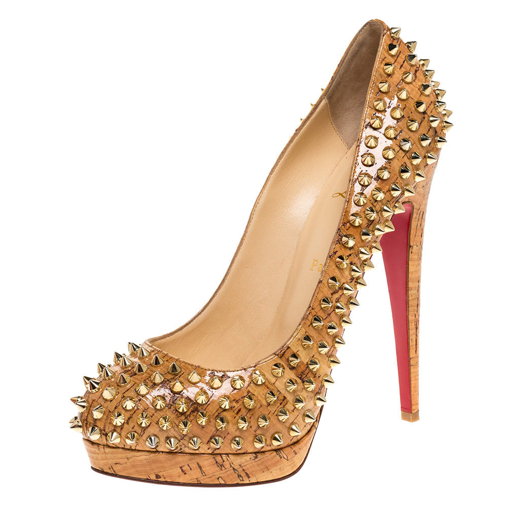 Pre Owned Christian Louboutin Beige Patent Leather Cork Alti Spike Platform Pumps Size 40