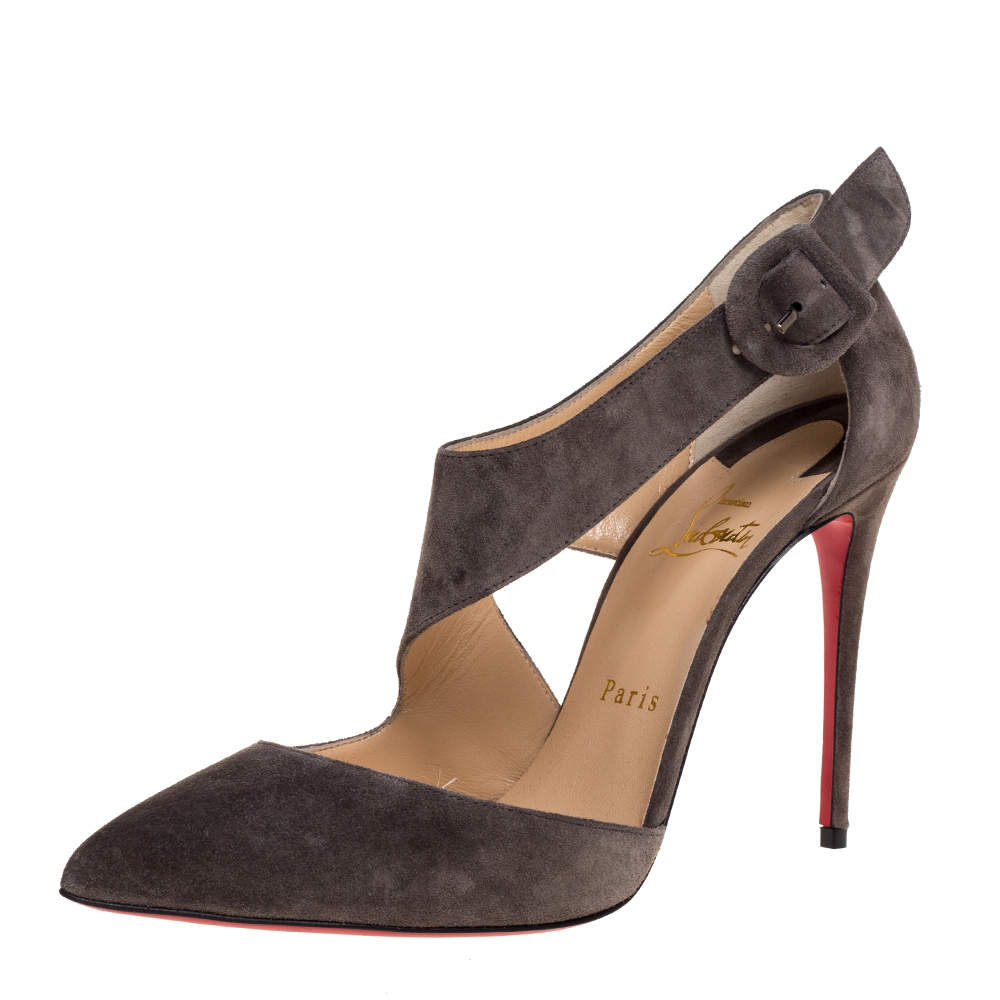 Christian Louboutin Grey Suede Leather Sharpeta Ankle Strap Pumps Size 38.5