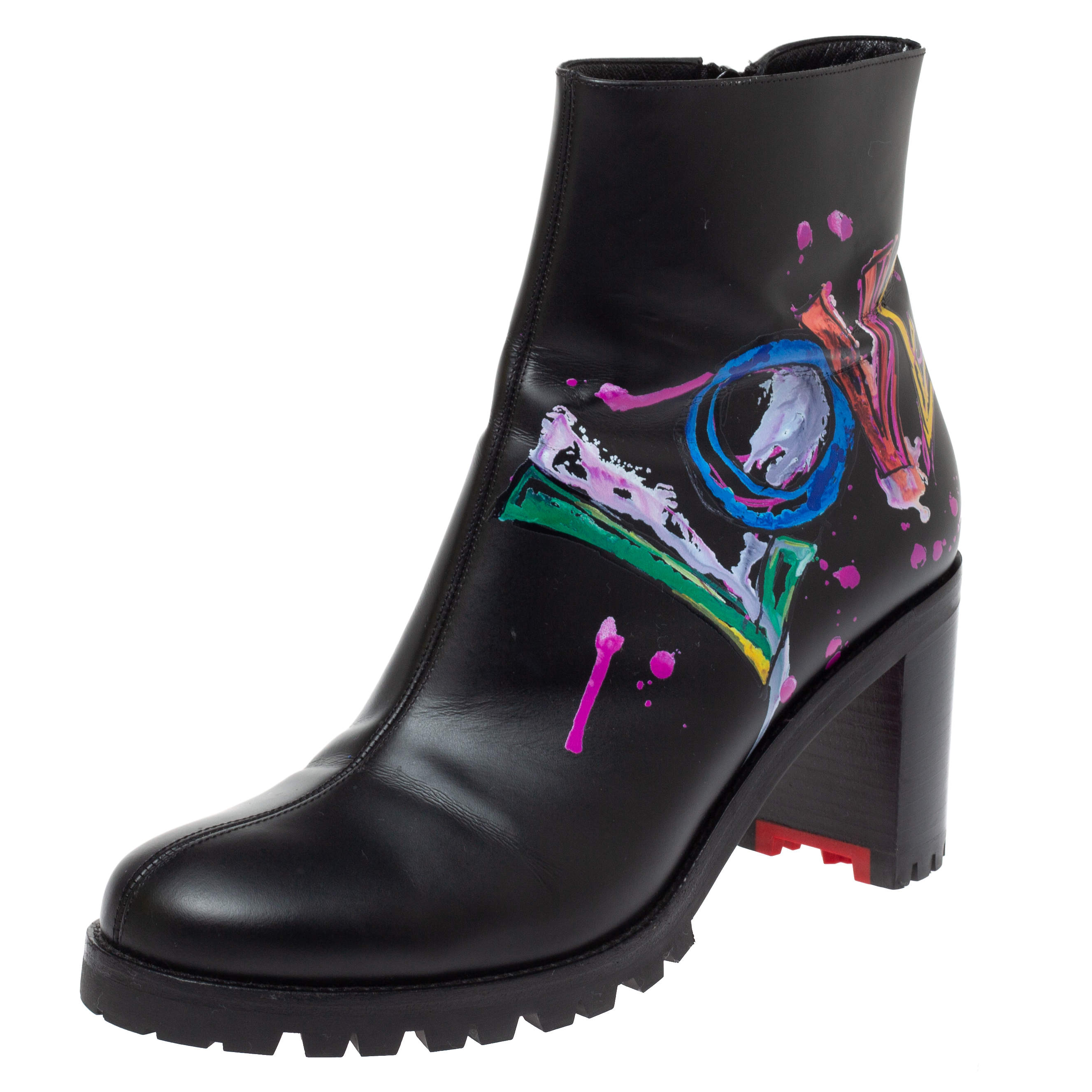 Christian Louboutin Black Love Print Leather Ankle Boots Size 39.5