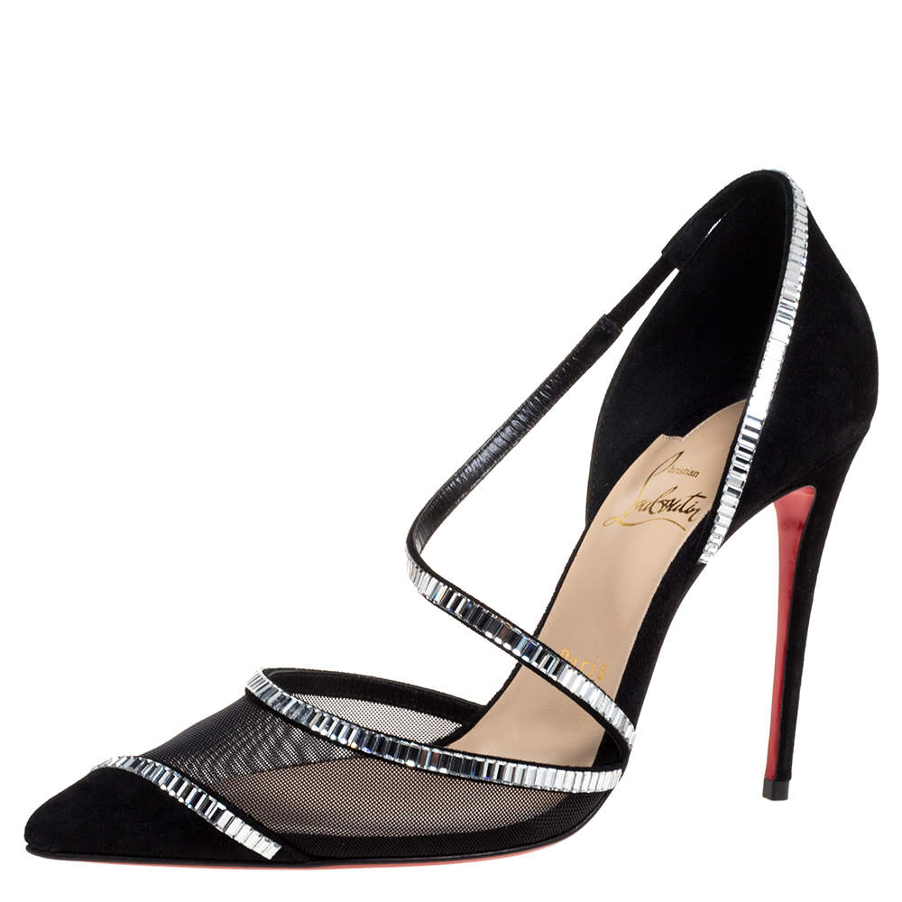 Pre Owned Christian Louboutin Black Mesh And Suede Chiara Crystal Embellished Pumps Size 37