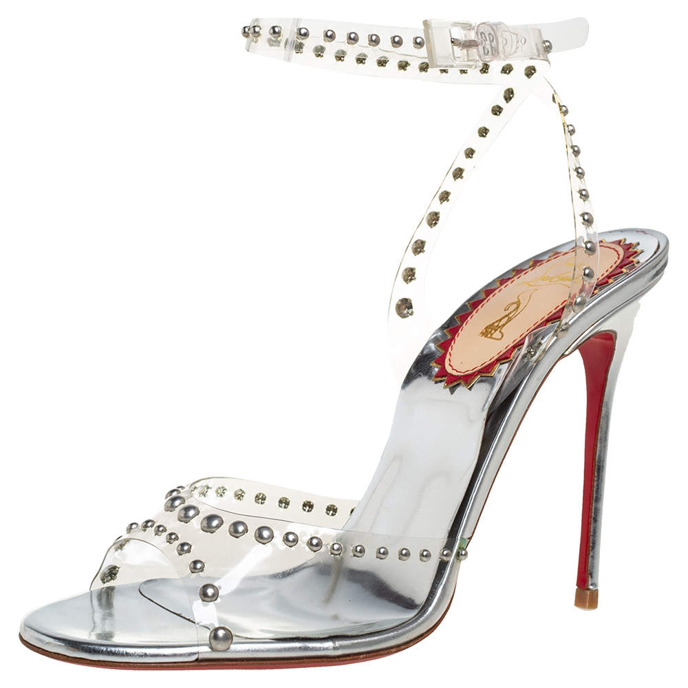 Pre Owned Christian Louboutin Silver Leather And PVC  Ankle Strap Sandals Size 38.5