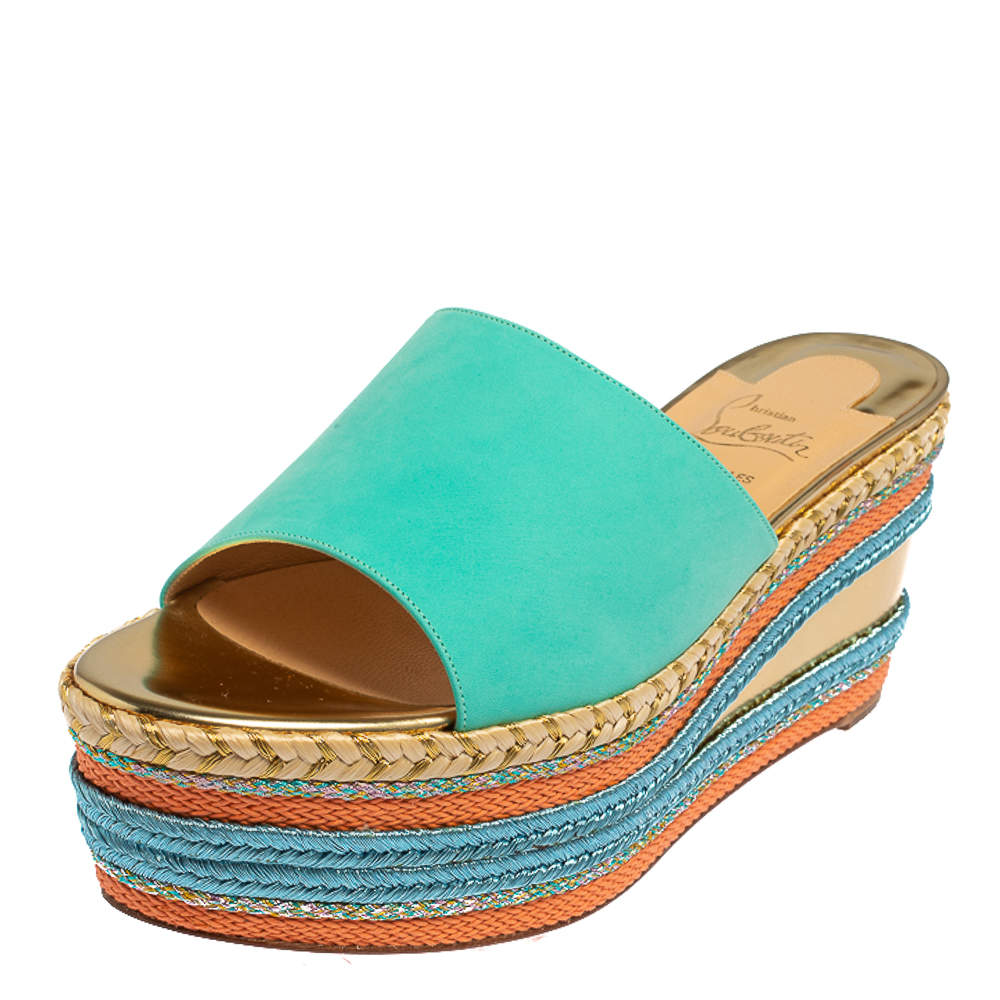 Pre Owned Christian Louboutin Blue Nubuck Leather Myriama Espadrille Wedge Sandals Size 39