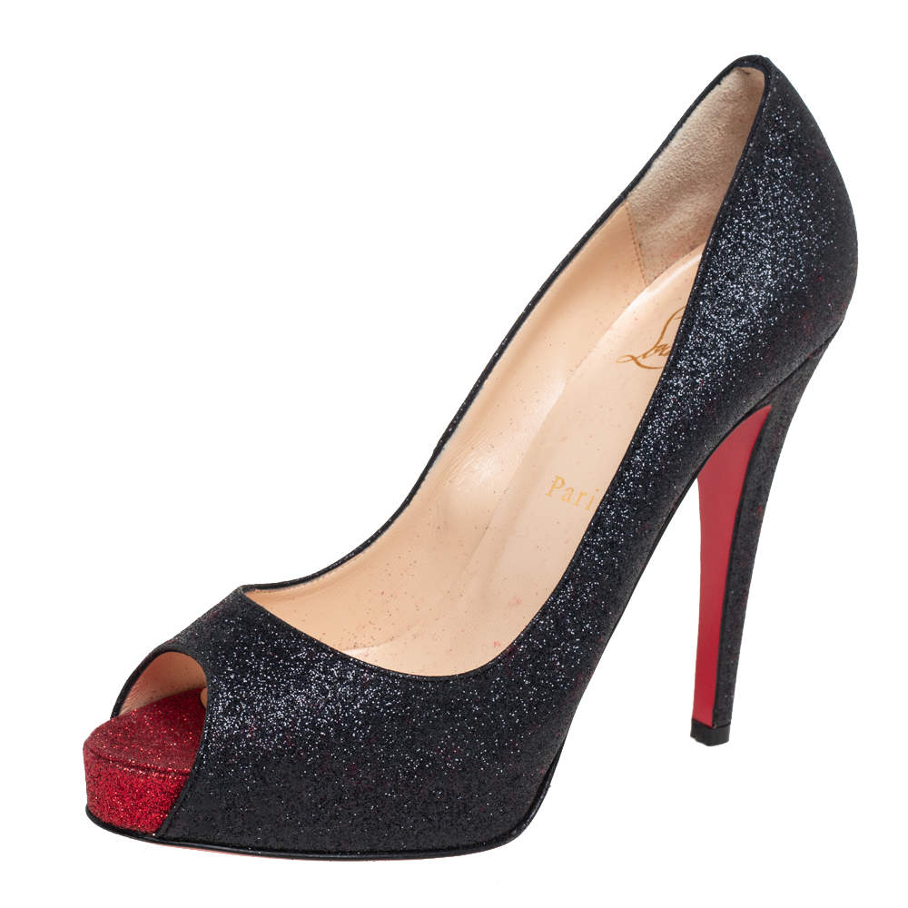Pre Owned Christian Louboutin Black Glitter Very Prive Peep Toe Pumps Size 38