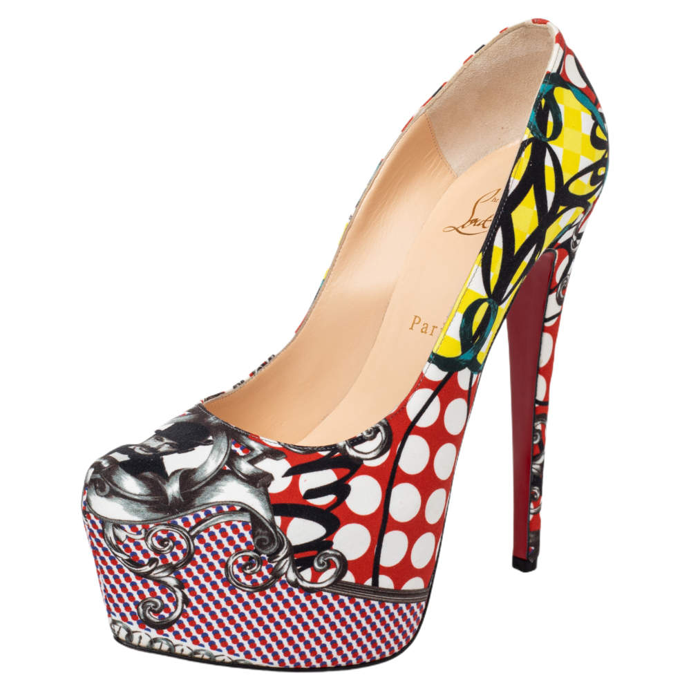 Pre Owned Christian Louboutin Multicolor Loubi Print Fabric Daffodile Platform Pumps Size 40