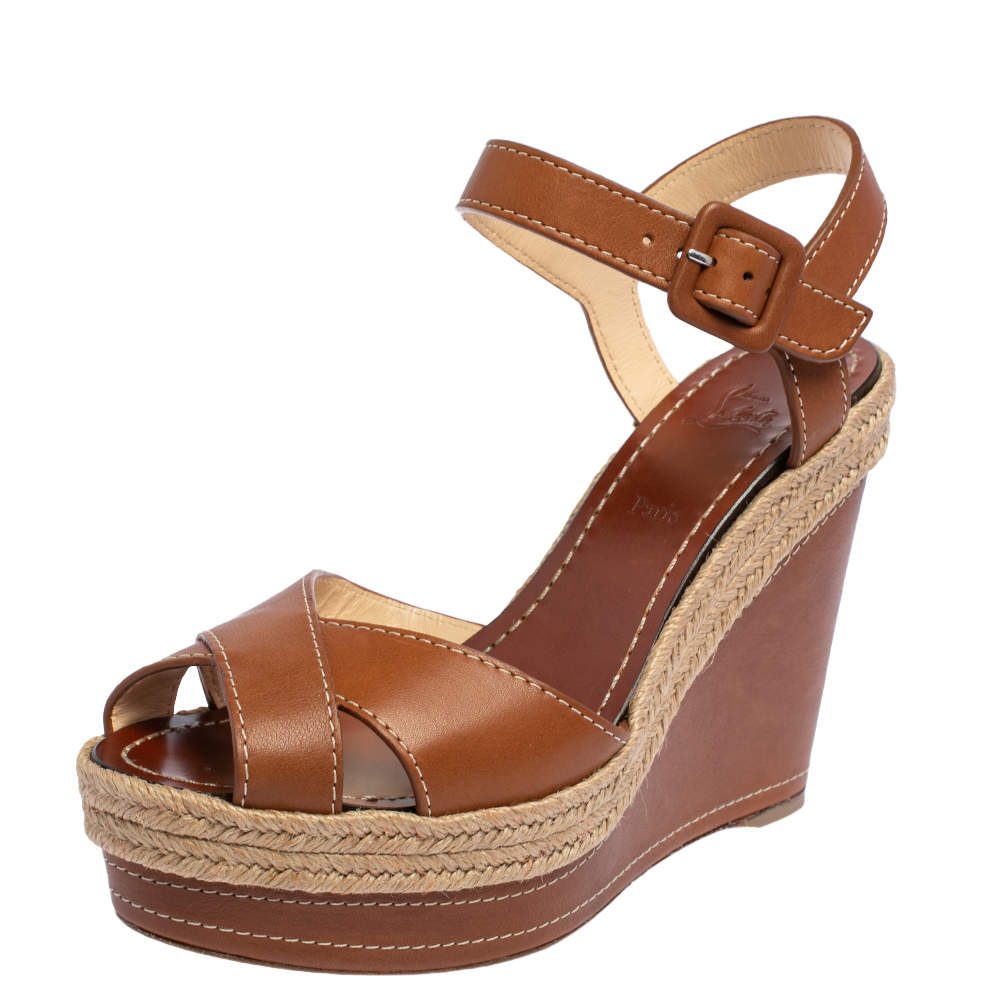Pre Owned Christian Louboutin Brown Leather Almeria Wedge Sandals Size 38