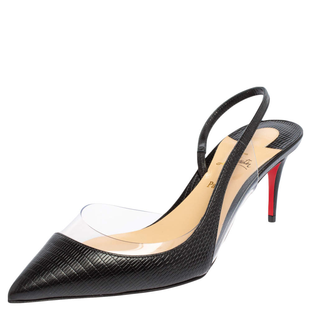 Pre Owned Christian Louboutin Black Lizard Embossed Leather and PVC Optisexy Sandals Size 36.5