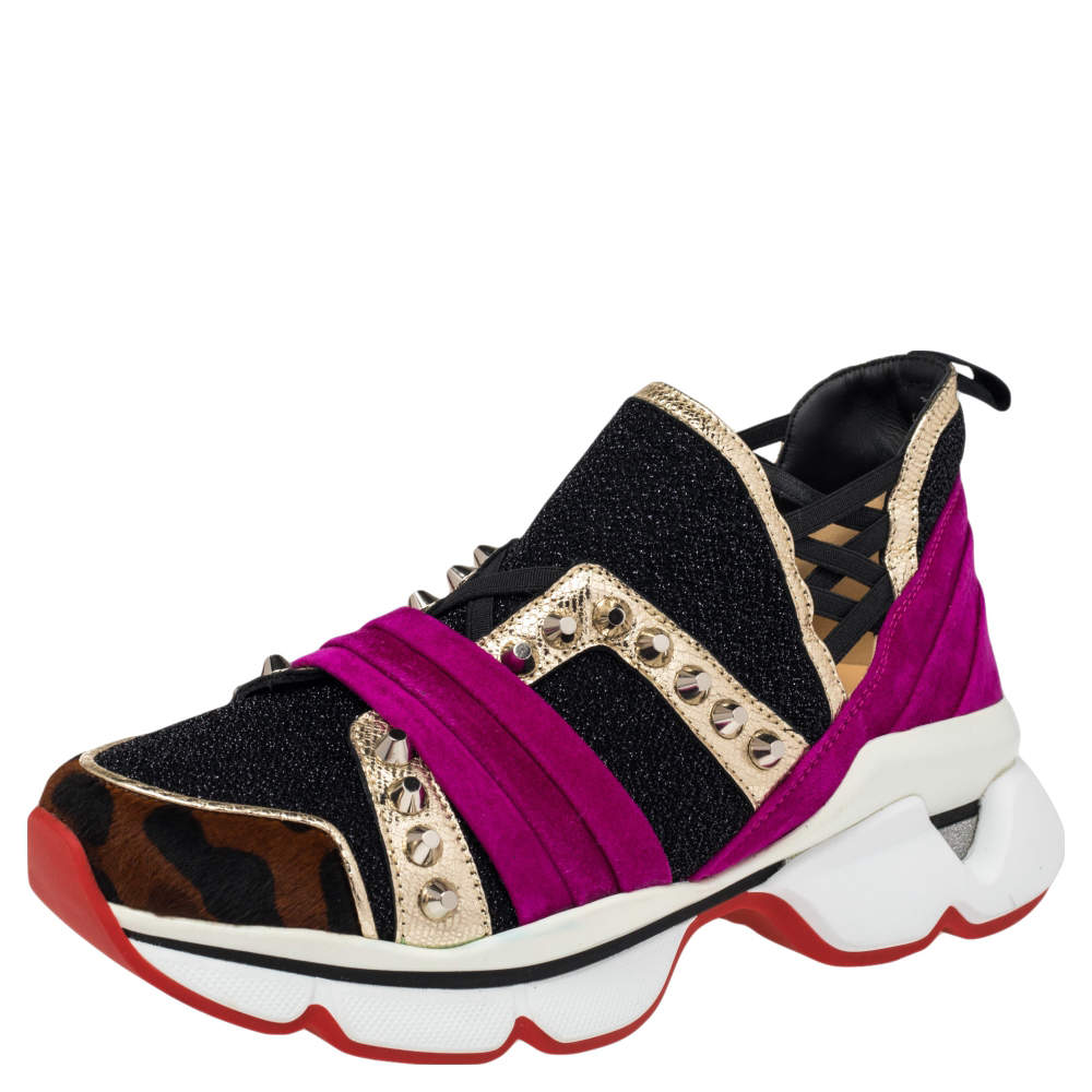 Pre Owned Christian Louboutin Multicolor Calf Hair Suede Spike Sneakers Size 37