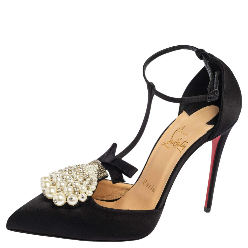 Pre Owned Christian Louboutin Black Satin Goyetta Embellished T Strap Pumps Size 38.5