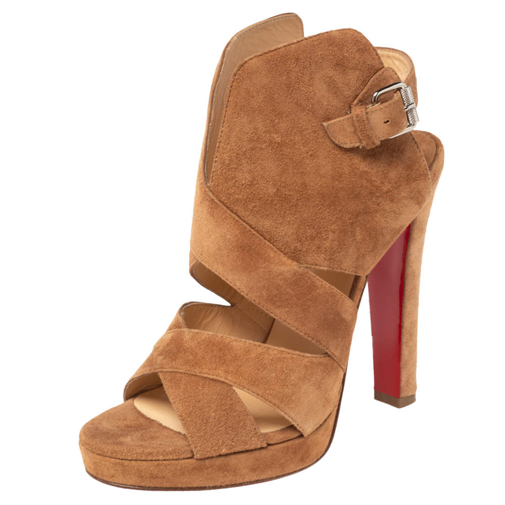Pre Owned Christian Louboutin Tan Suede Apron Lily Slingback Sandals Size 37