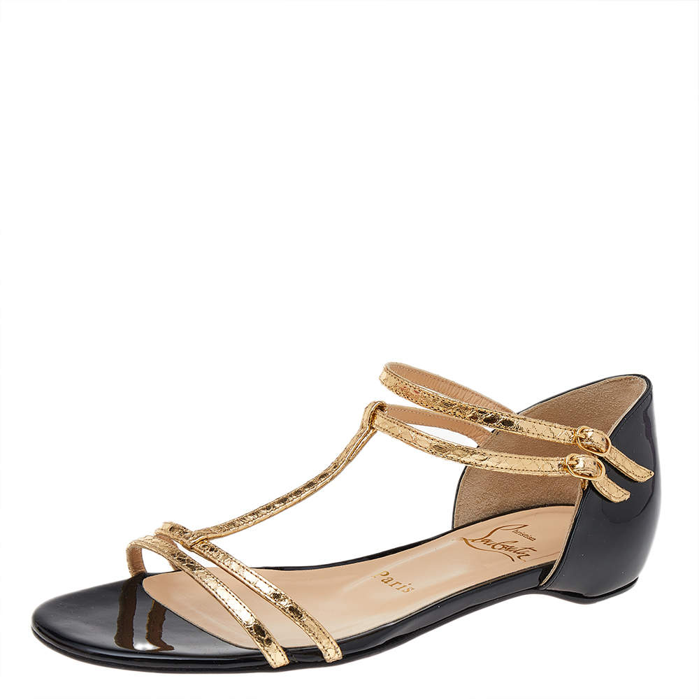Pre Owned Christian Louboutin Gold/Black Patent And Leather Arnold Strappy Flat Sandals Size 36.5