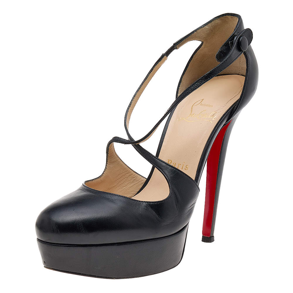 Pre Owned Christian Louboutin Black Leather Criss Cross Platform Pumps Size 37.5