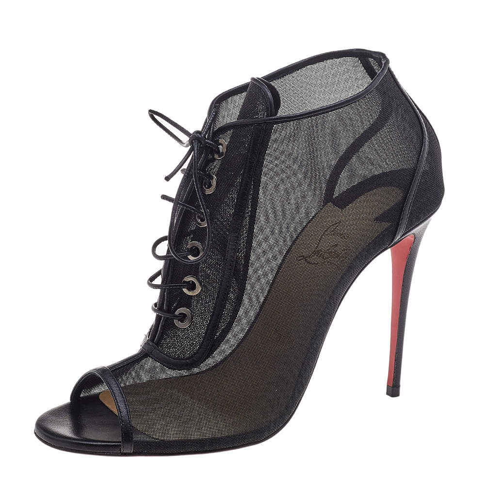 Christian Louboutin Black Mesh Open Ondessa Lace Up Booties Size