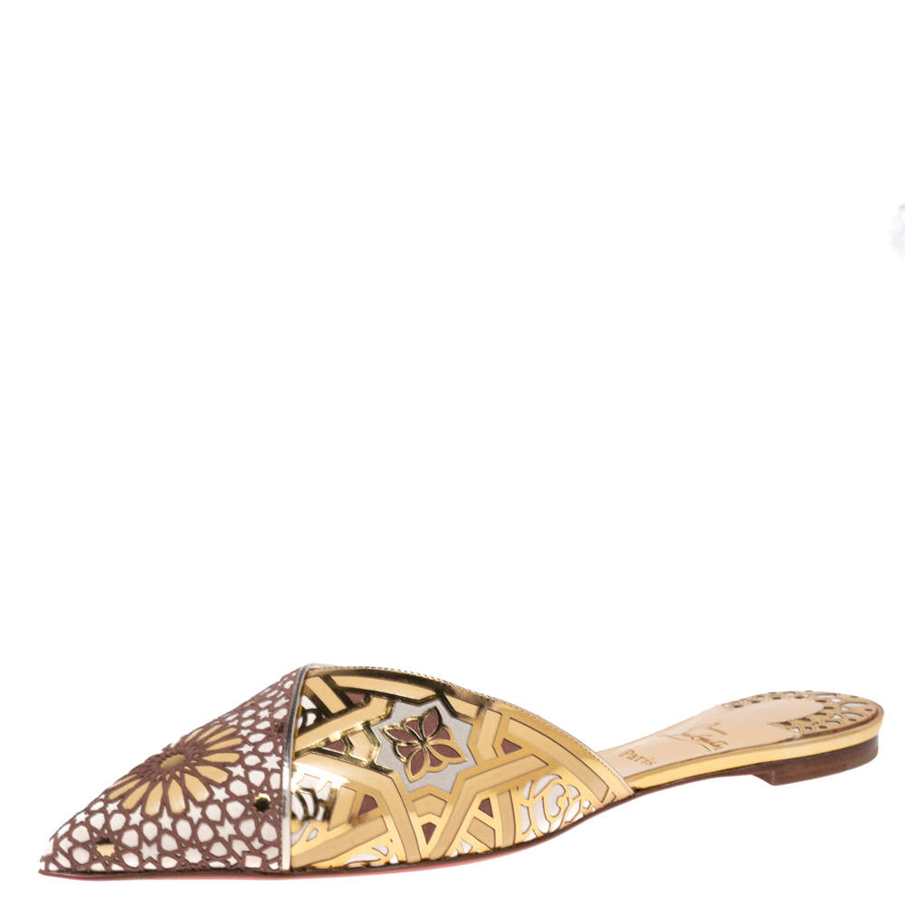 مملوكة مسبقًا Christian Louboutin Multicolor Laser Cut Leather and Suede Royal Mansour Pointed-Toe Flat Mules Size 40