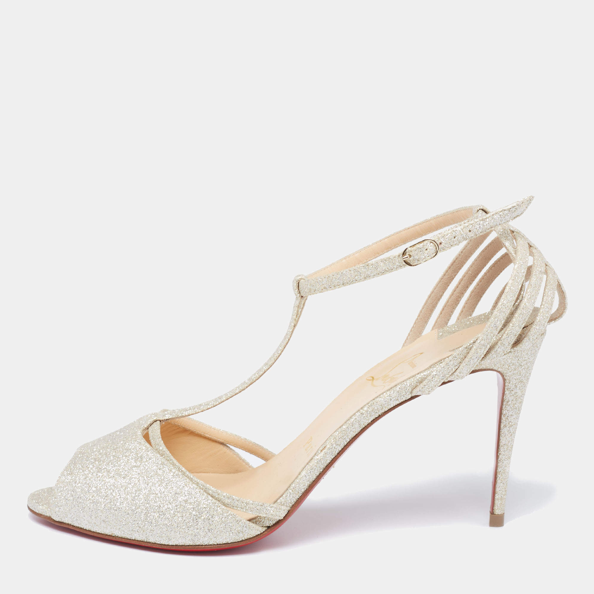 Pre Owned Christian Louboutin Dull Gold Glitter Peep-Toe T-Bar Sandals Size 39