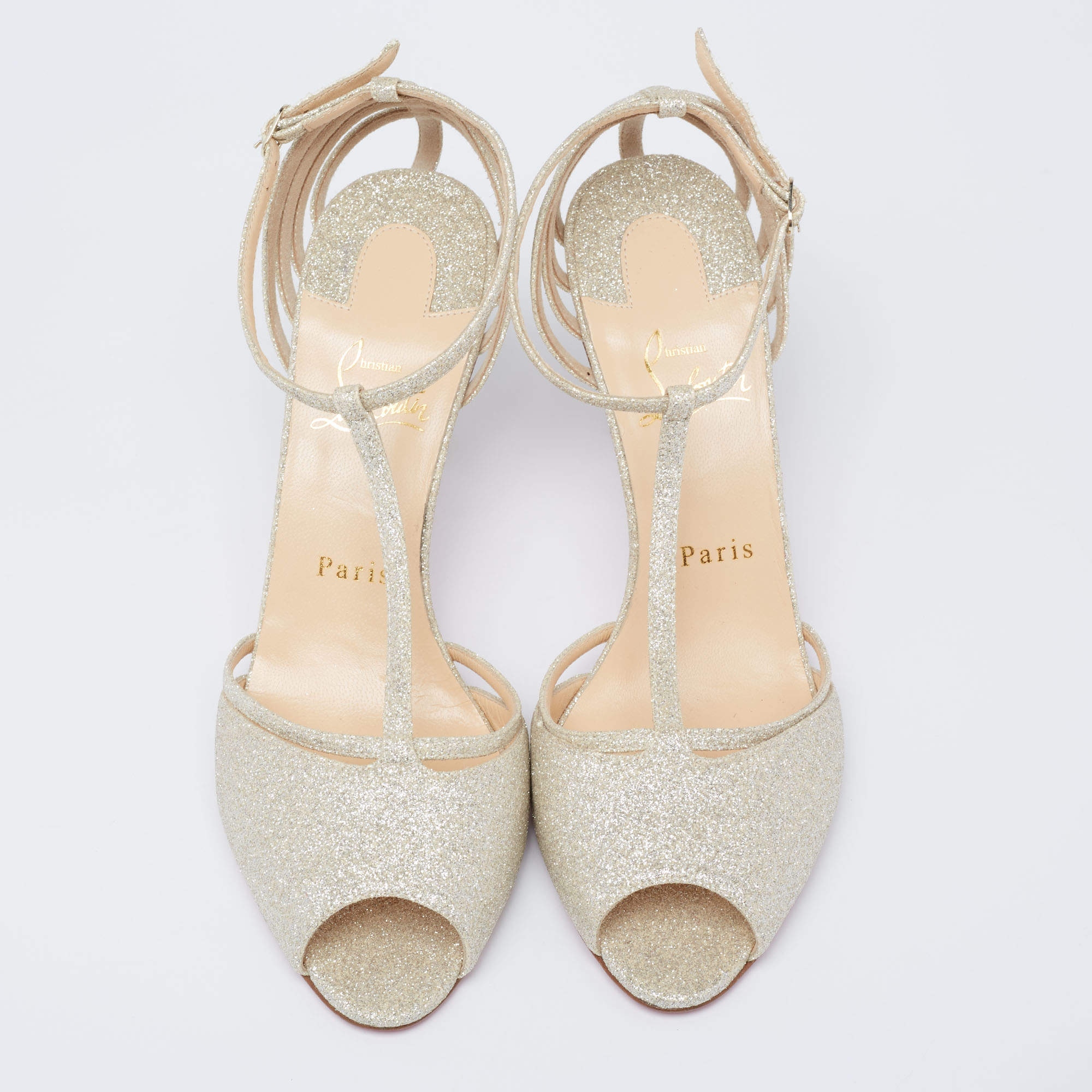 Pre Owned Christian Louboutin Dull Gold Glitter Peep-Toe T-Bar Sandals Size 39