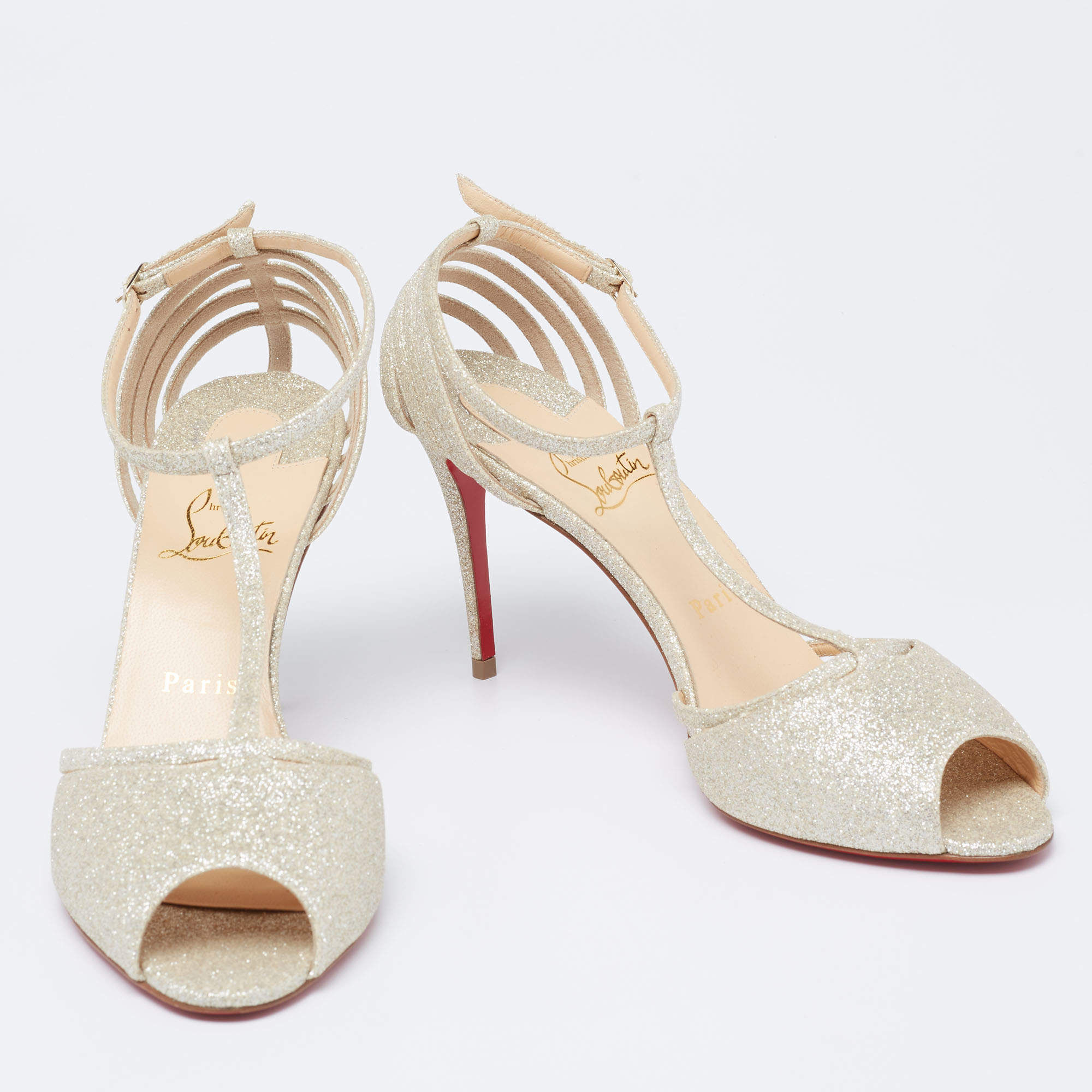 Pre Owned Christian Louboutin Dull Gold Glitter Peep-Toe T-Bar Sandals Size 39