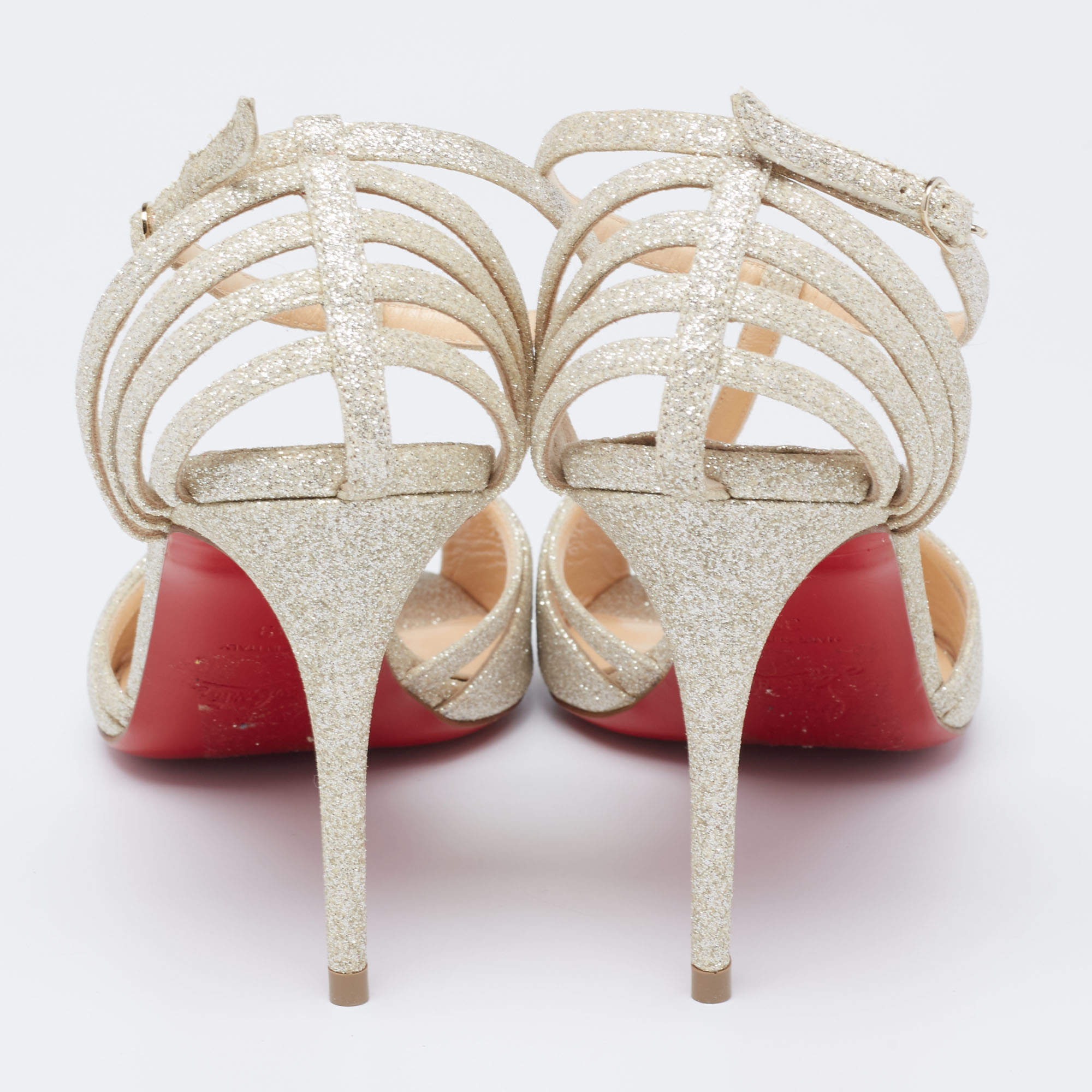 Pre Owned Christian Louboutin Dull Gold Glitter Peep-Toe T-Bar Sandals Size 39