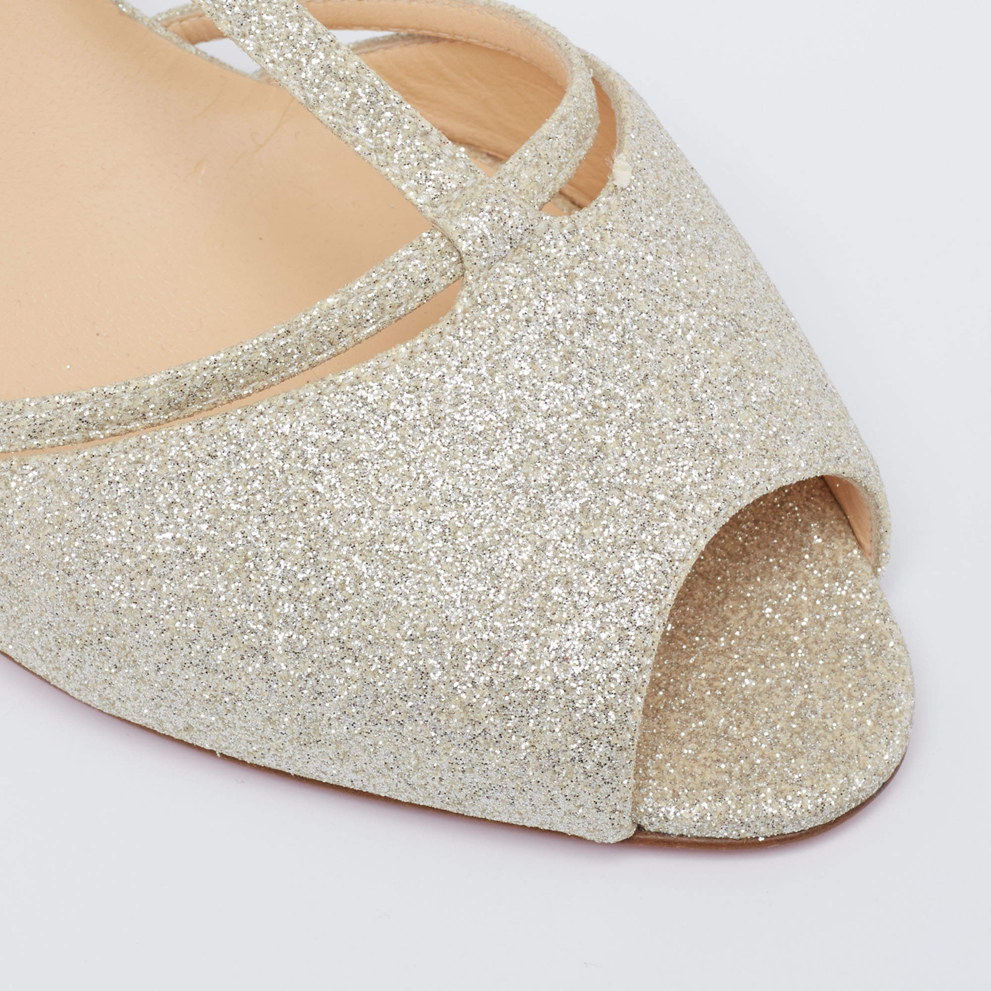 Pre Owned Christian Louboutin Dull Gold Glitter Peep-Toe T-Bar Sandals Size 39