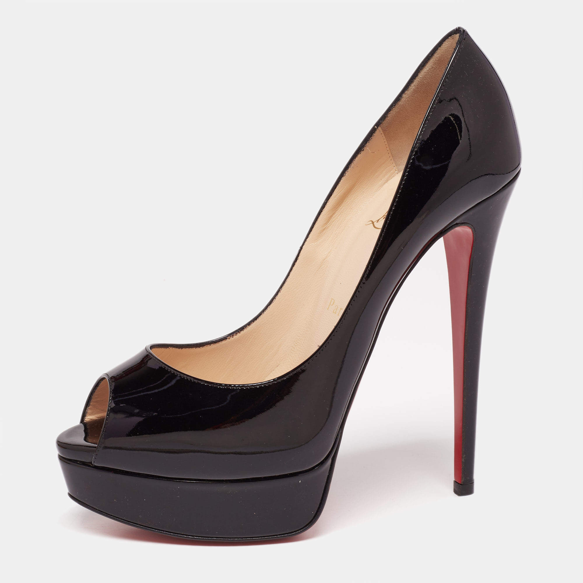 Pre Owned حذاء كعب عالي كريستيان لوبوتان ليدي جلد أسود لامع مقدمة مفتوحة نعل سميك مقاس 39