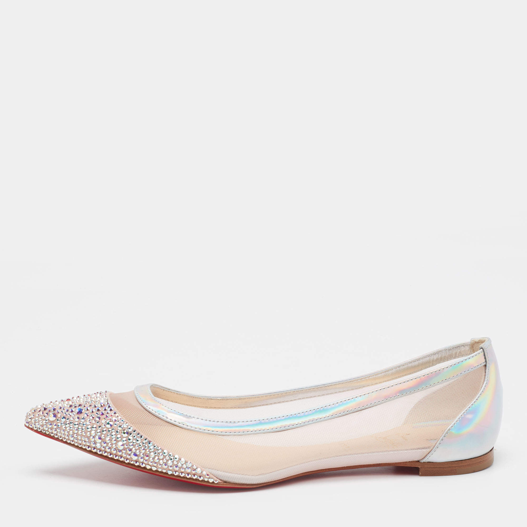 Used Christian Louboutin Follies Strass Crystal Mesh Flat Pumps 36