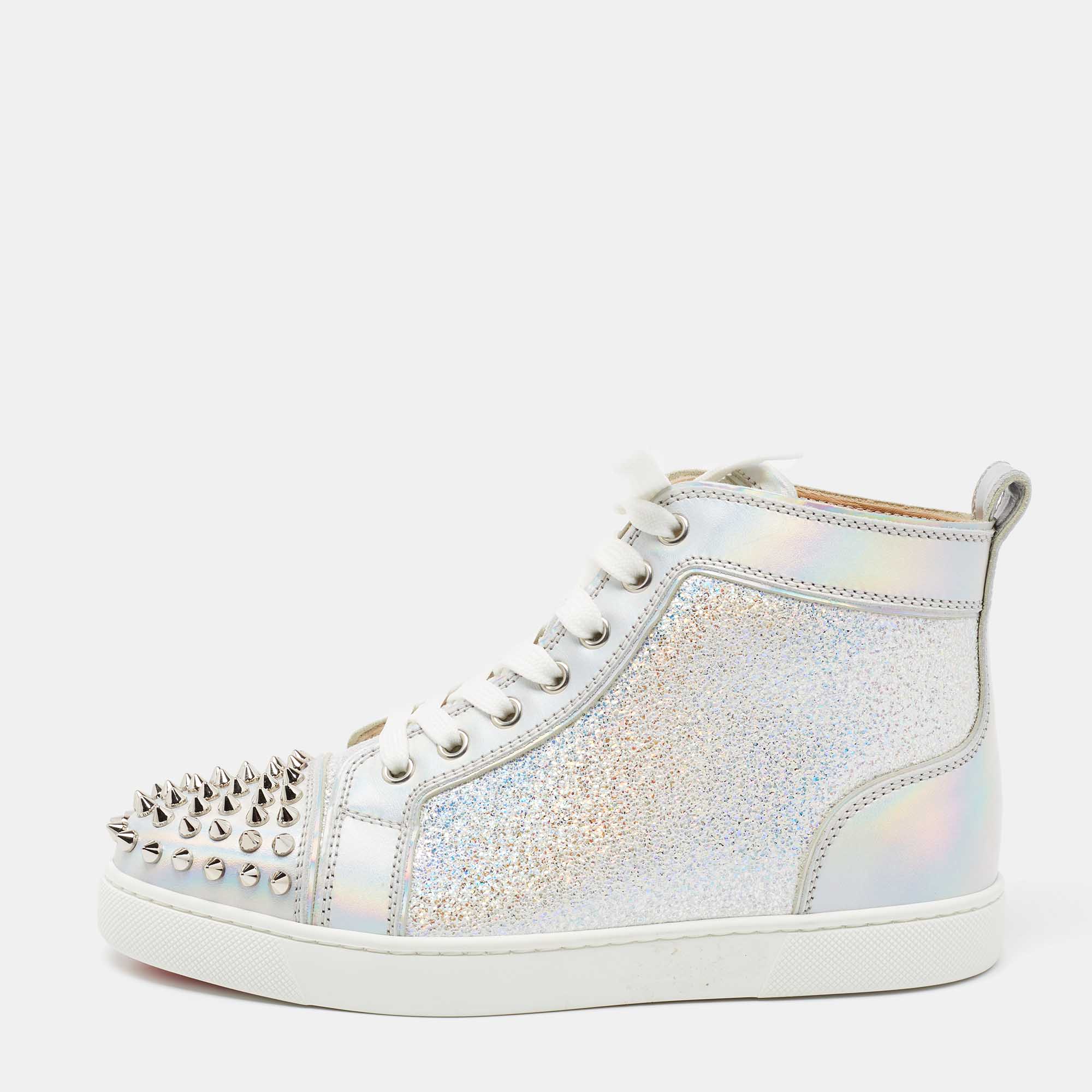 Christian Louboutin Silver Leather Lou Spikes High Top Sneakers Size 37  Christian Louboutin